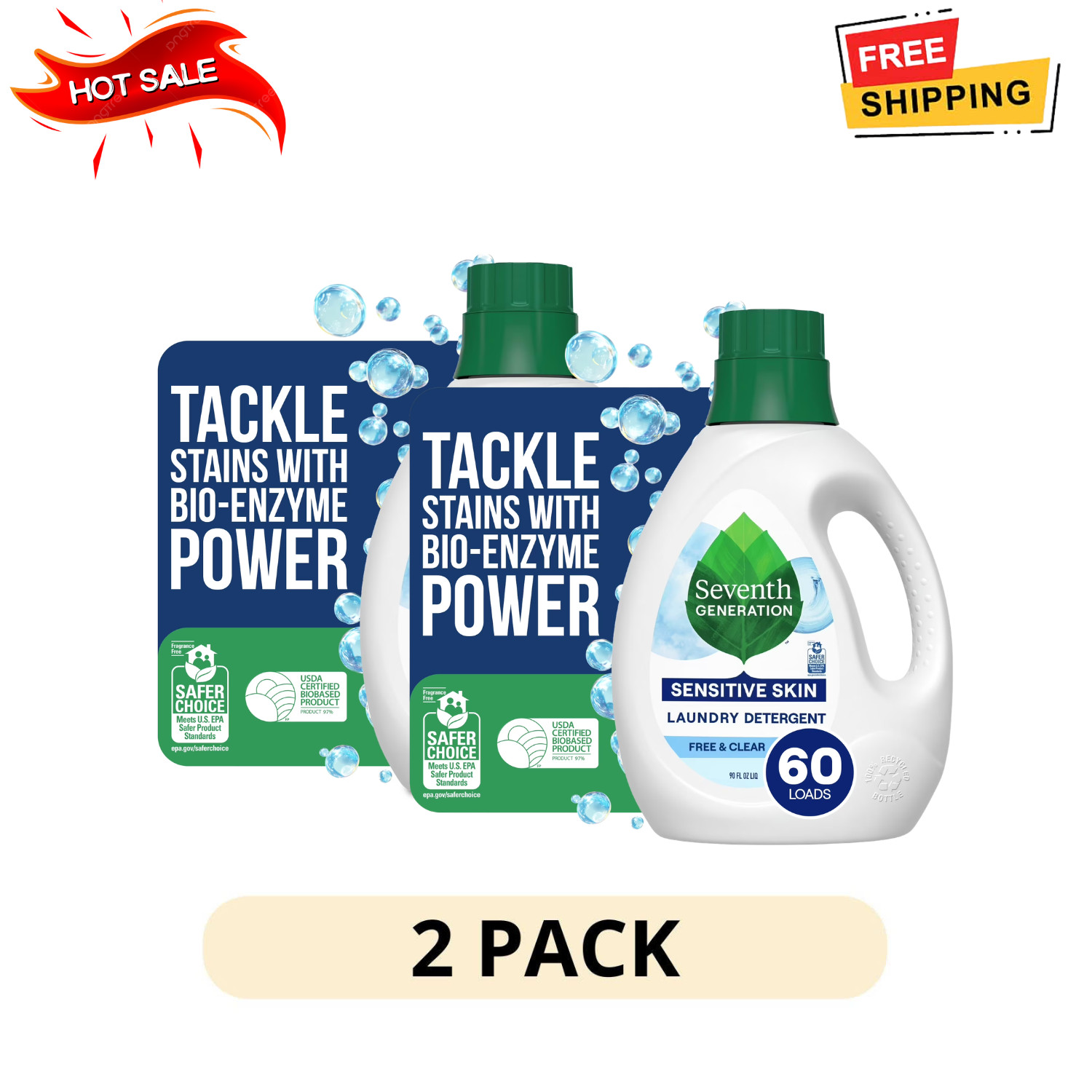 2 Pack Seventh Generation Free & Clear Liquid Laundry Detergent 90 Fl Oz