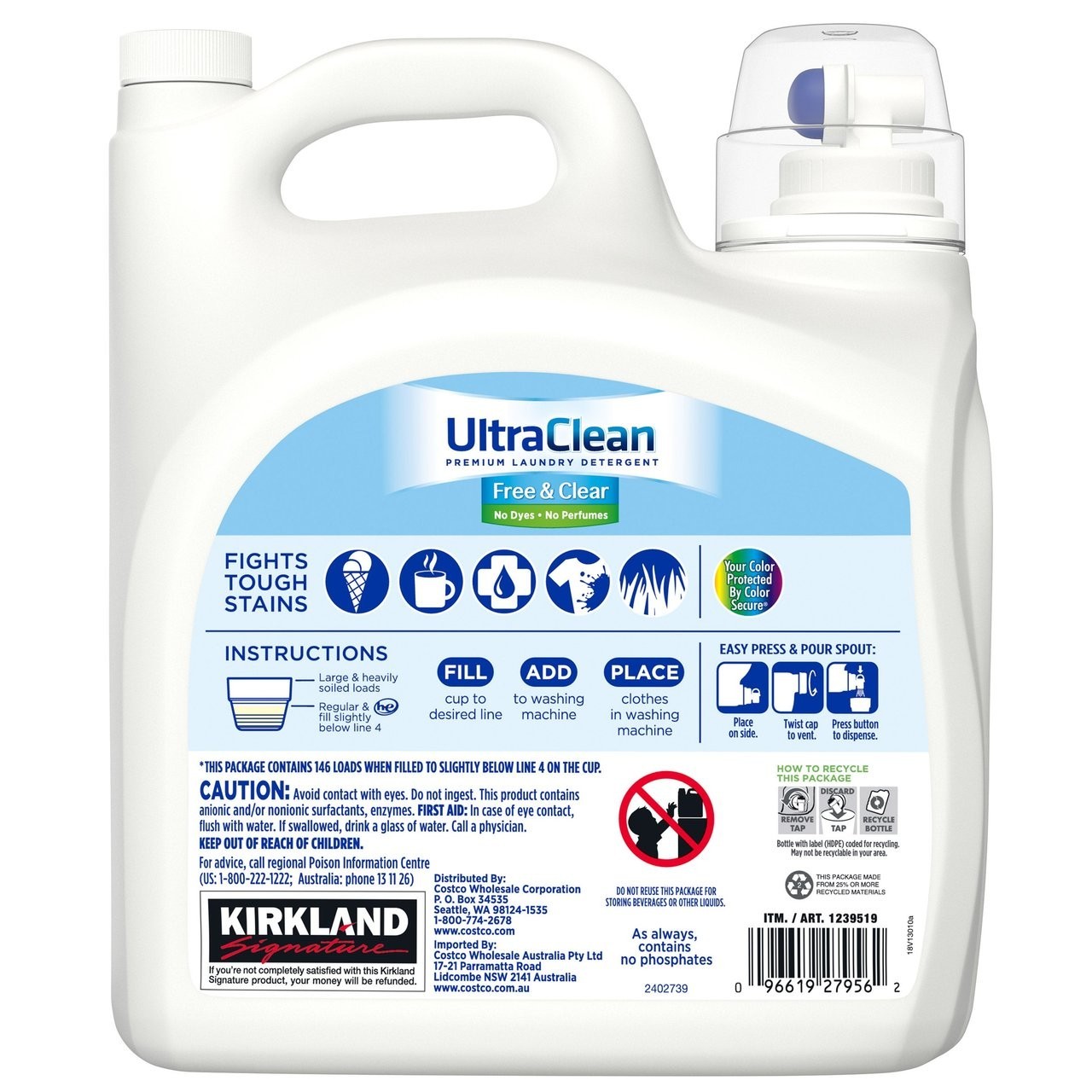 Kirkland Signature Ultra Clean Free & Clear Laundry Detergent 194 oz 146 Loads H