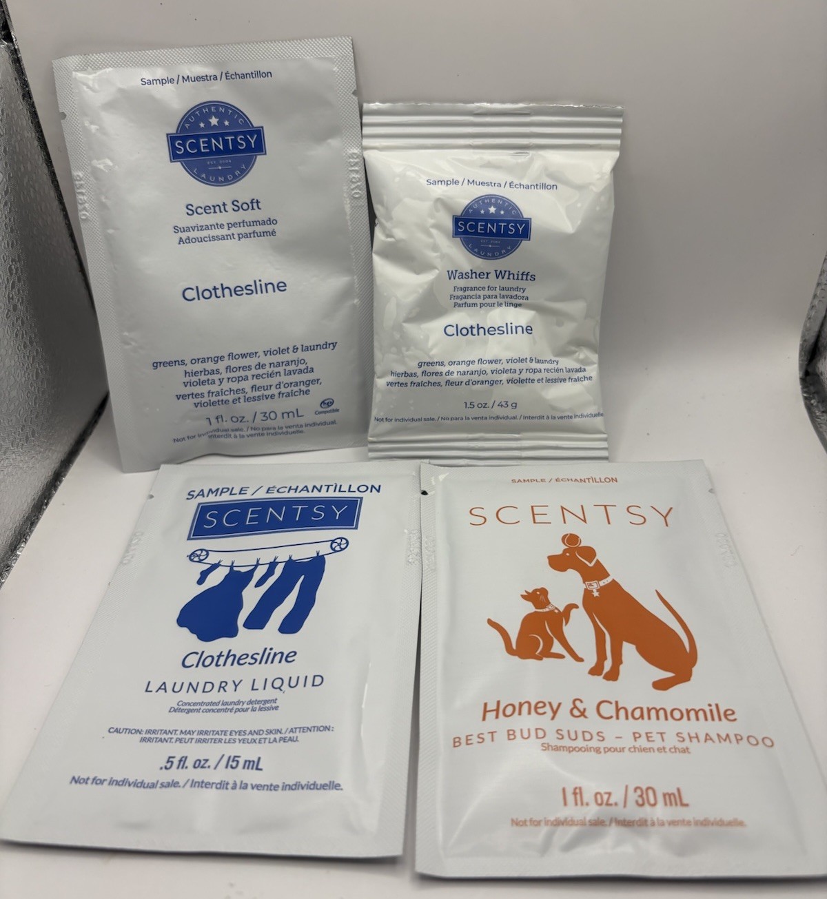 Scentsy Sample Lot – Clothesline Laundry & Honey Chamomile Pet Shampoo – 4 Pack
