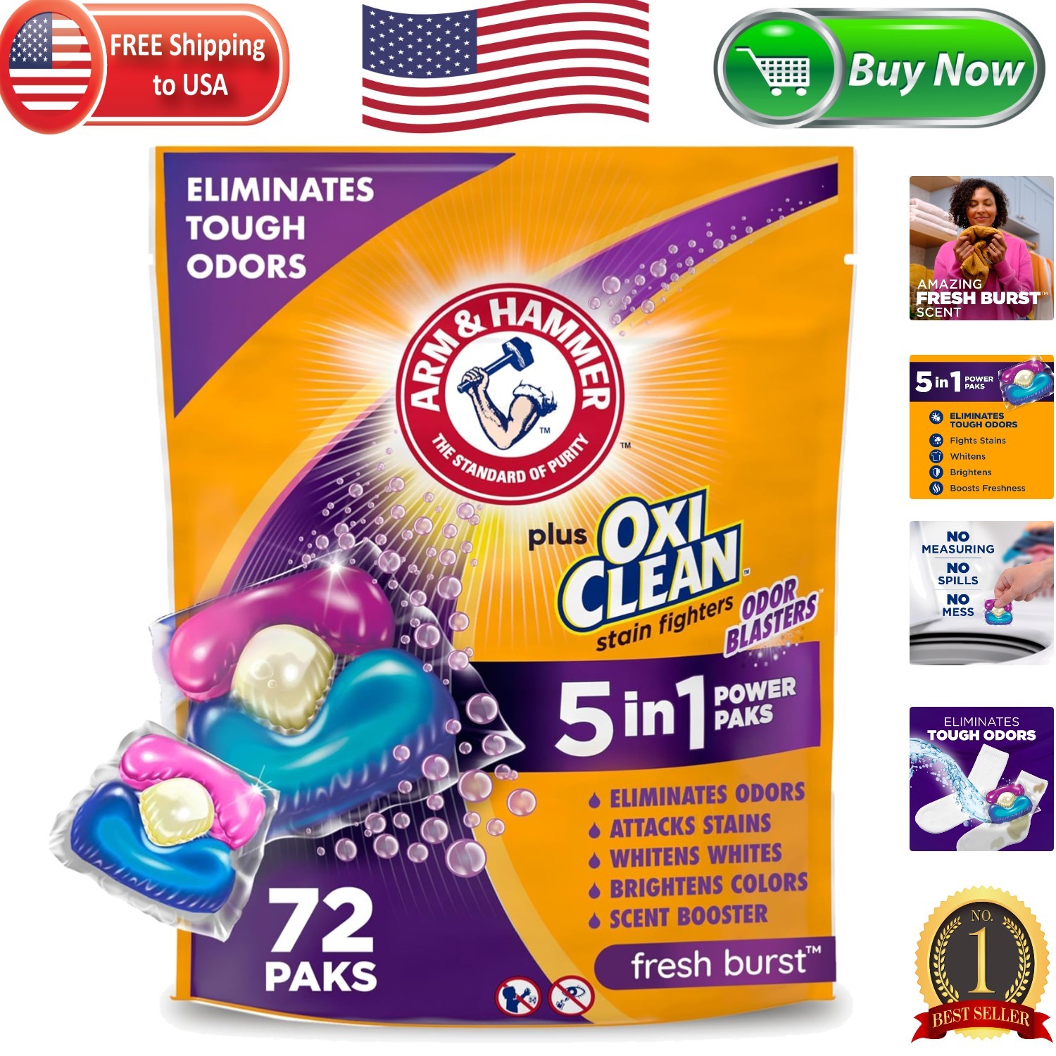Fresh Burst OxiClean Laundry Detergent 5-in-1 Power Paks, 72 Count Easy Clean