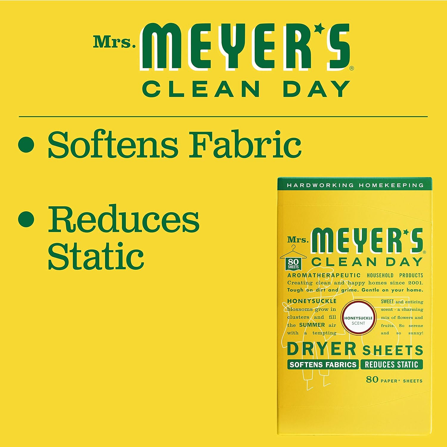 Mrs. Meyer’s Clean Day Dryer Sheets, Fabric Softener, Reduces Static, 80 Count