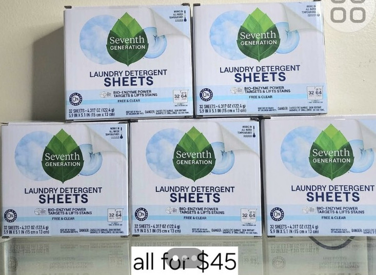 Seventh Generation Laundry Detergent Sheets Free & Clear, 64 Loads, 5 Pack