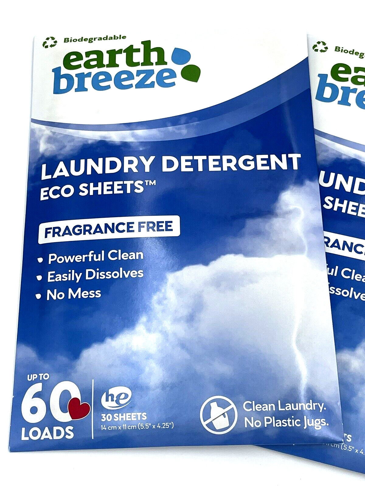2 Biodegradable Earth Breeze Laundry Eco Sheets Fragrance Free 30 Sheets NEW