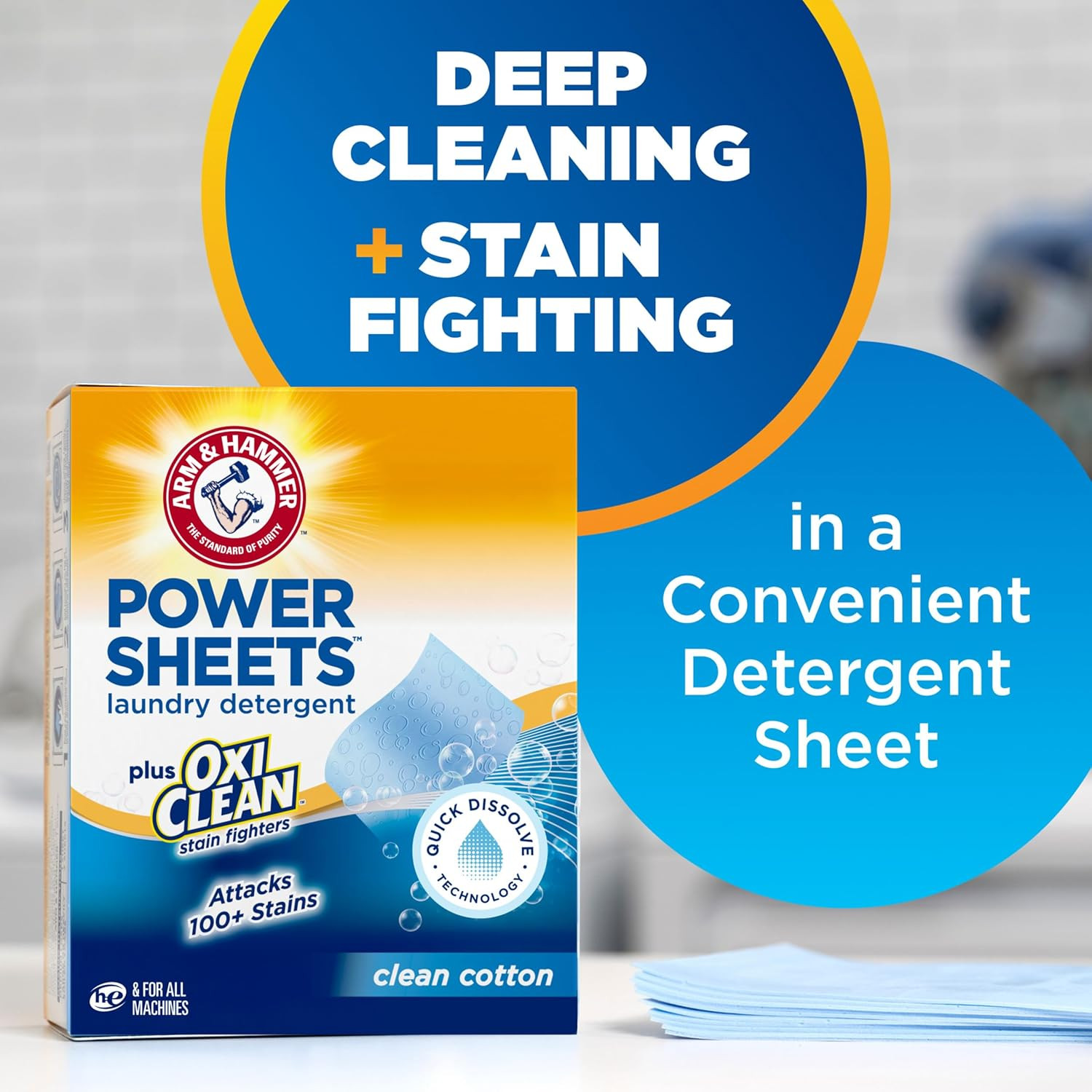 Power Sheets Laundry Detergent plus Oxiclean Stain Fighters, Clean Cotton Scent,
