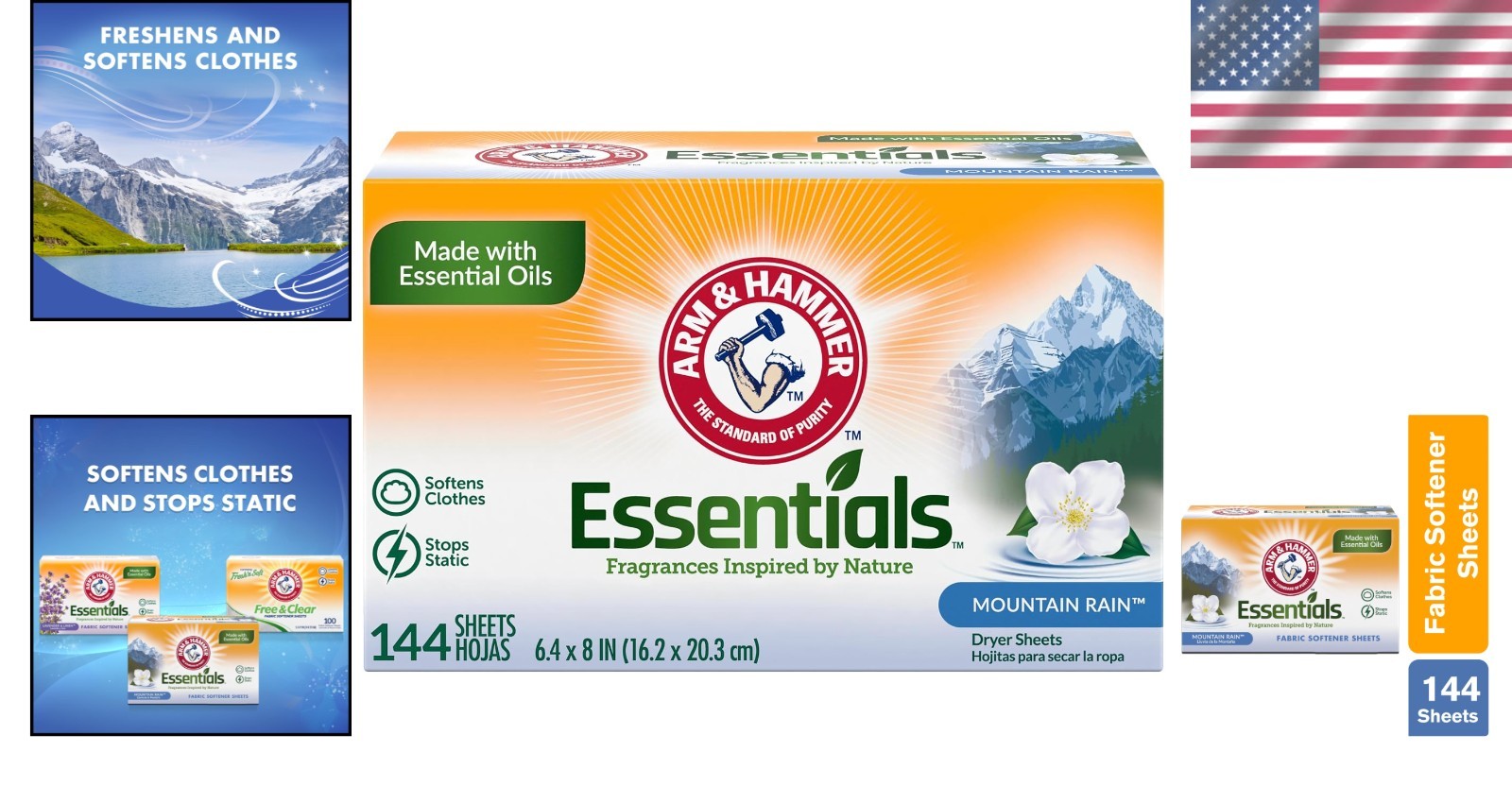Natural Fabric Softener Sheets, Mountain Rain Scent, 144 Count for Fresh Laundry