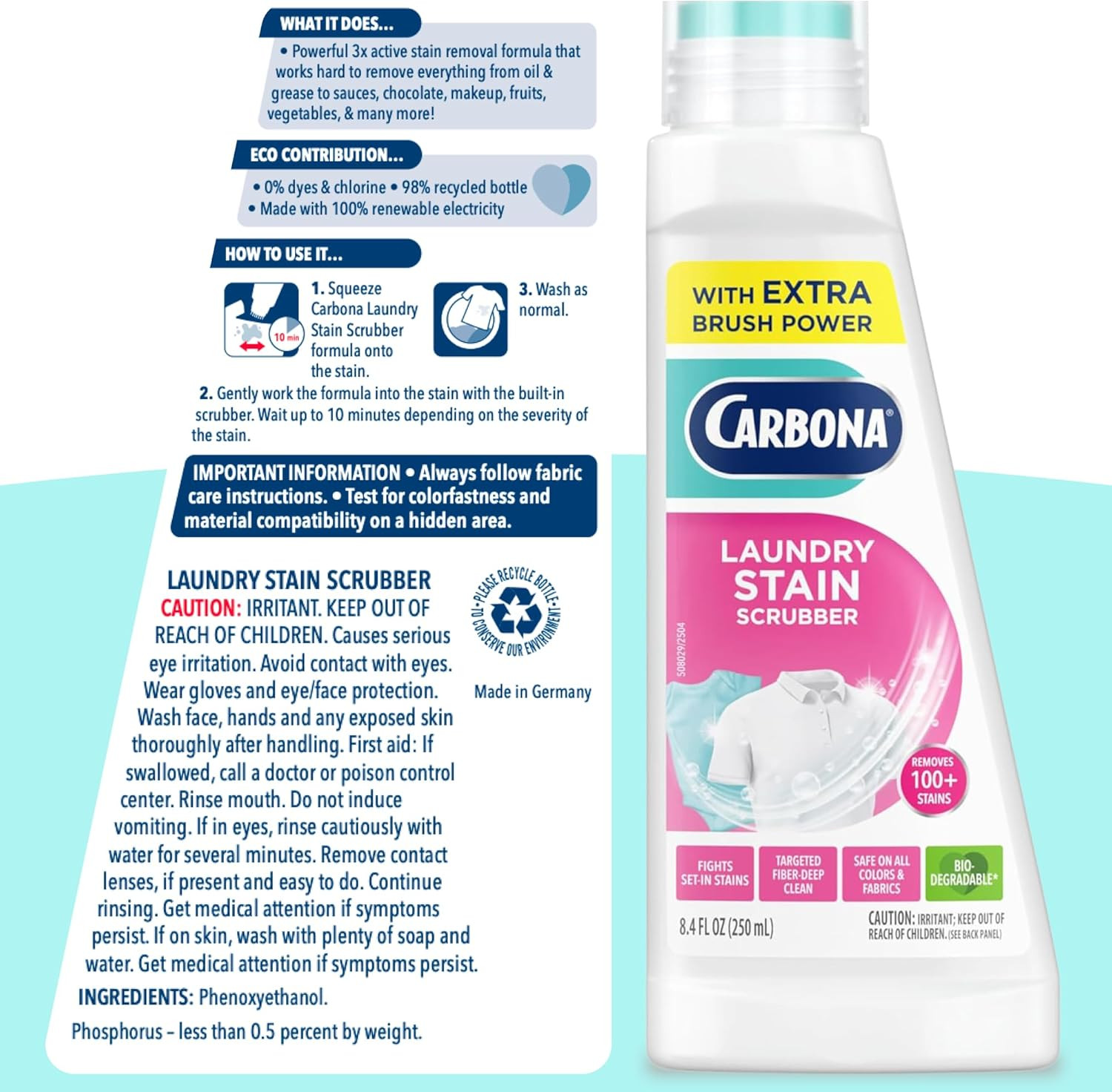Laundry Stain Scrubber & Remover (8.4 Fl Oz), Extra-Strength Bio-Enzyme Formula,
