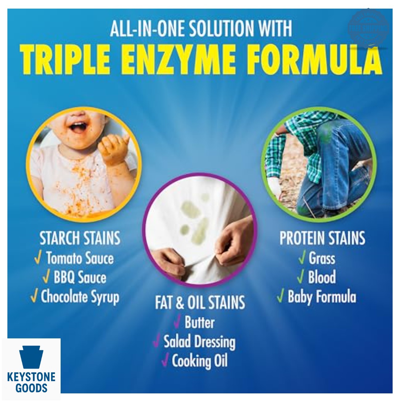 Laundry Stain Remover Triple Enzyme Formula 12 oz Blood Grass Sauce Oil Fighting