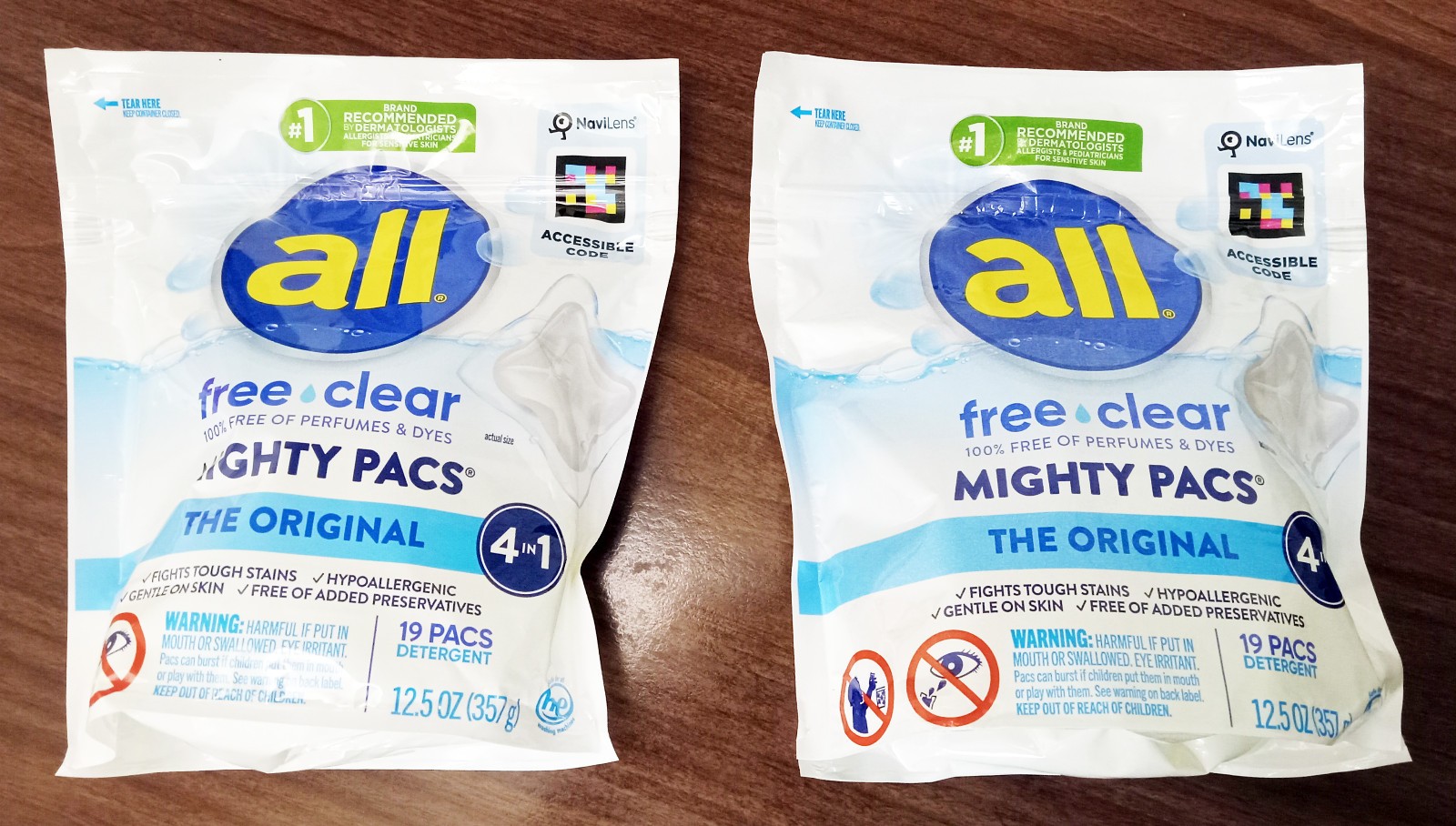 Lot of 2 All Free Clear, Original 4-in-1 Mighty PACS Laundry Detergent, 19 Pacs