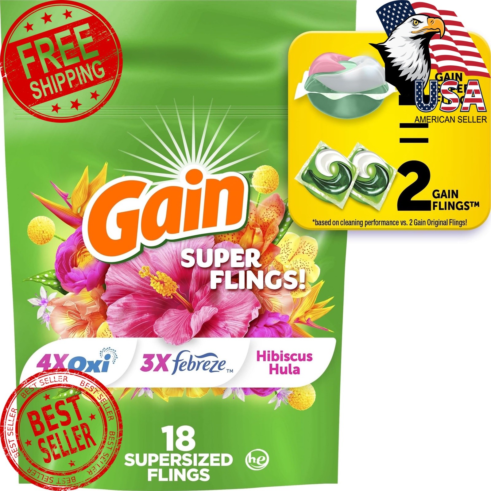 Gain Super Flings Laundry Detergent Pacs, 18 Count, Hibiscus Hula scent, irre…