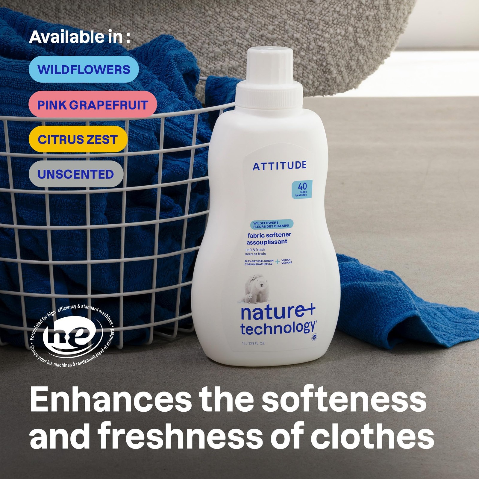 ATTITUDE Liquid Fabric Softener, Plant-Based & Vegan, 33.8 Fl Oz (Pack of 1)