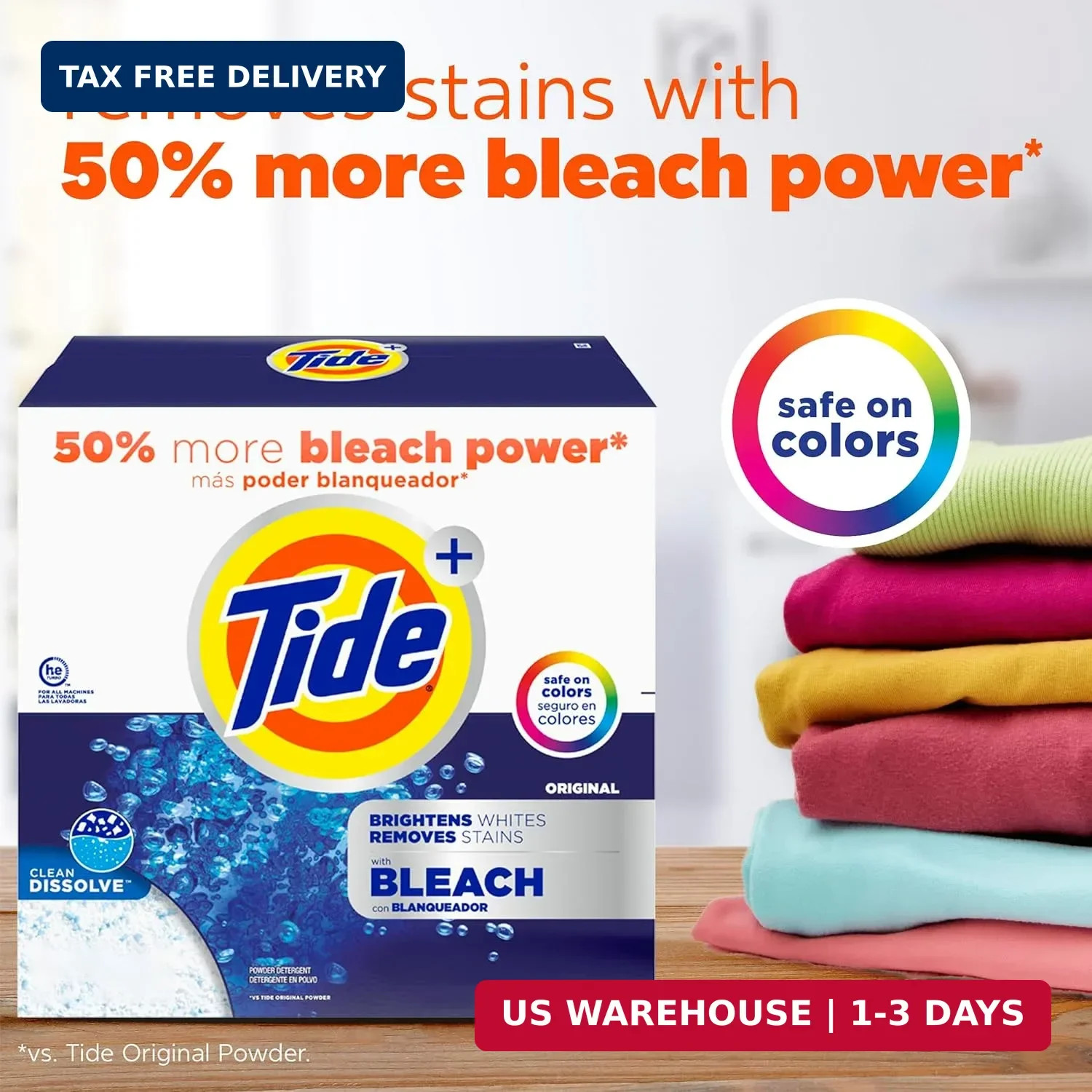 Tide Powder Laundry Detergent with Bleach, Original Scent, 89 Loads, 129 oz