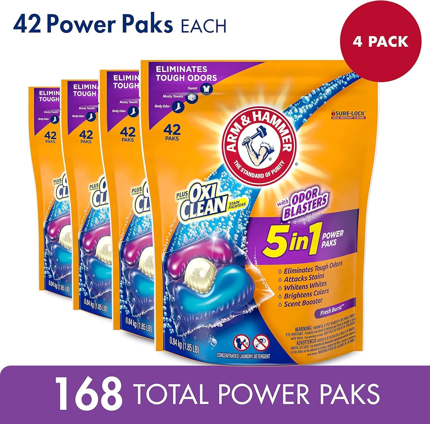 Pack of 4 OxiClean Odor Blasters – 5-in-1 Laundry Pods 168 Count, Fresh Burst