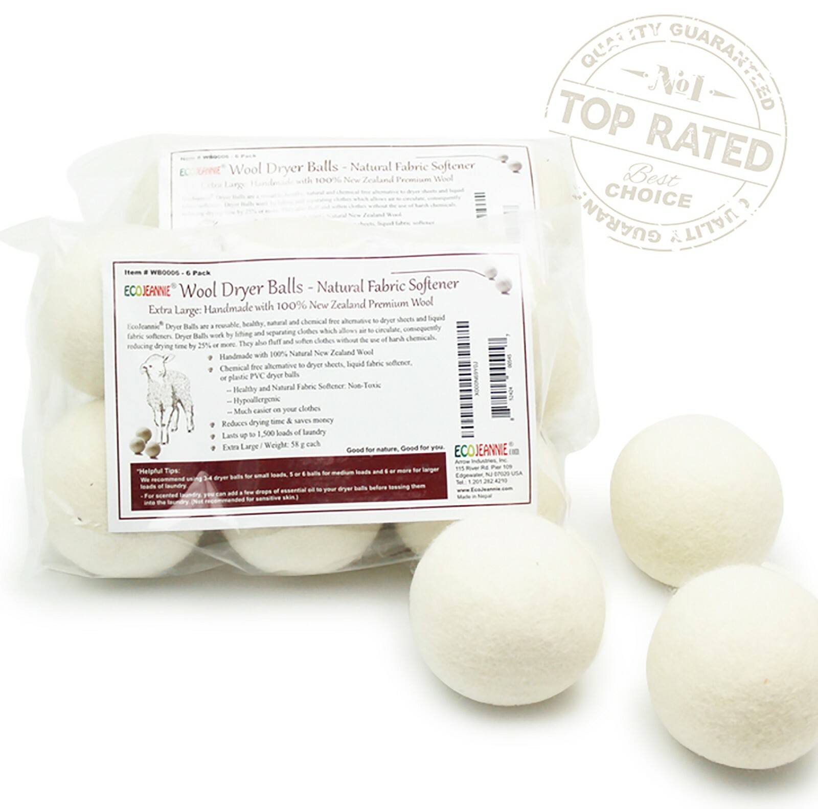 XL 6 Pack EcoJeannie Wool Dryer Balls – 100% Virgin New Zealand Wool, Min 3″ 58g