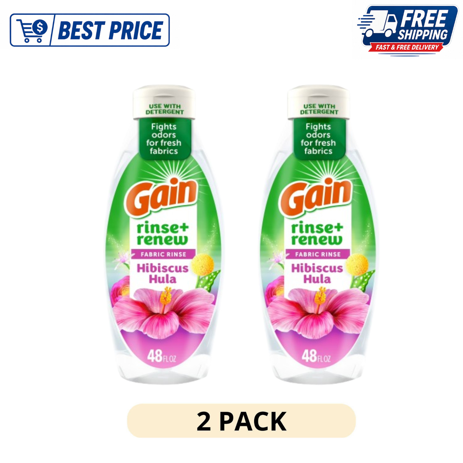 (2 Pack) Gain Rinse and Renew Laundry Fabric Rinse Hibiscus Hula, 48 fl oz