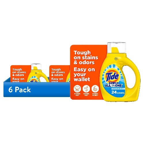 6 pack Tide Simply Liquid Laundry Detergent,Refreshing Breeze,24 Loads,32 fl oz