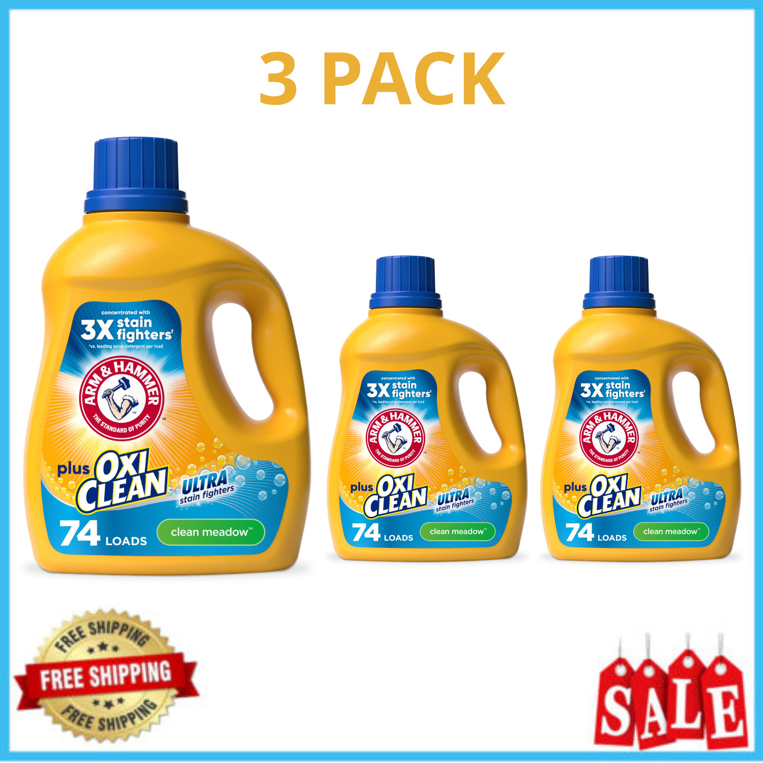 ARM & HAMMER OxiClean Laundry Detergent Clean Meadow 96.2oz 74 Loads, 3 Pack