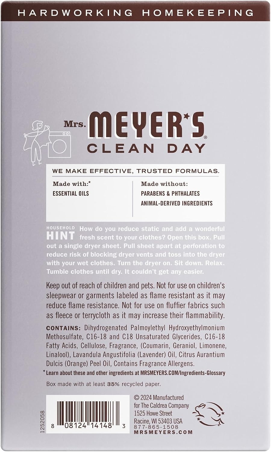 Mrs. Meyer’s Clean Day Lavender Dryer Sheets – 80 Count with Softening Agents