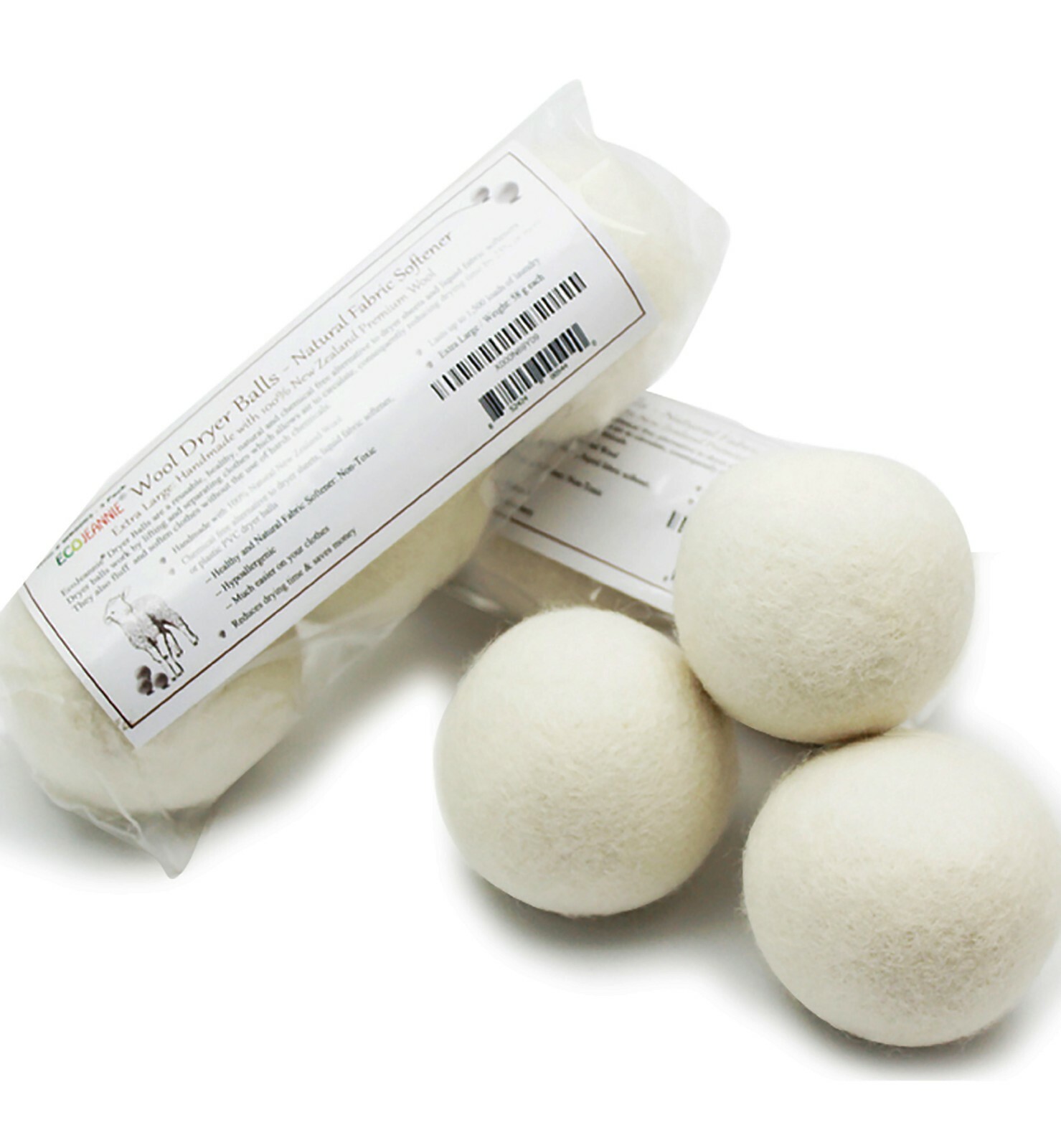 XL 3 Pack EcoJeannie Wool Dryer Balls – 100% Virgin New Zealand Wool, Min 3″ 58g