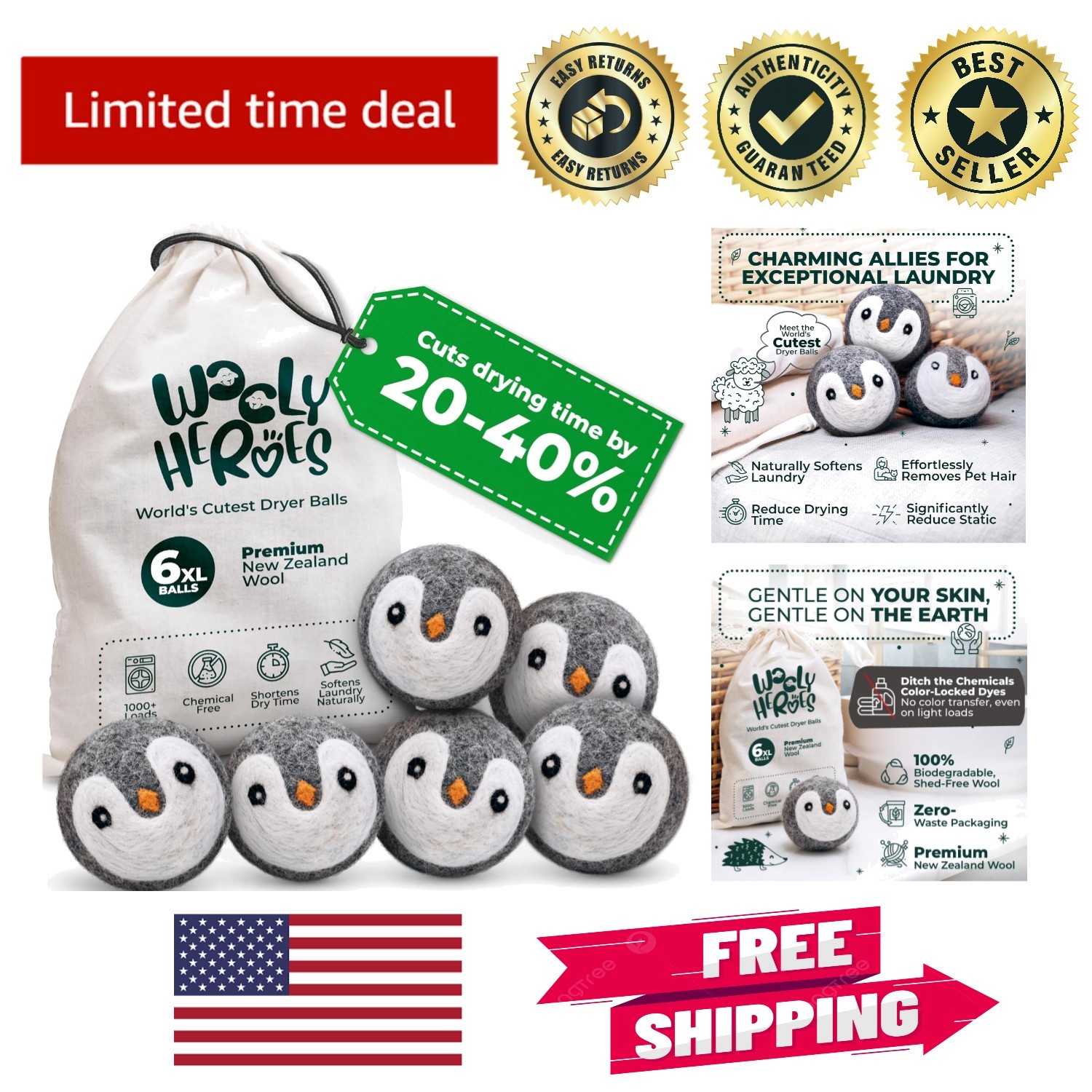 Reusable XL Wool Dryer Balls: 6-Pack Chemical-Free, Adorable Penguin Design