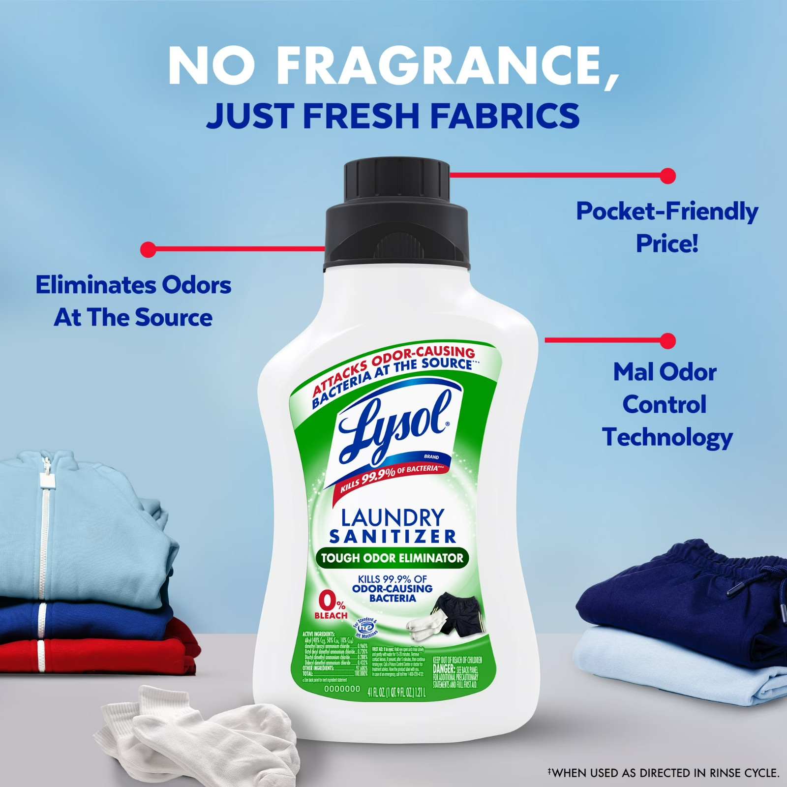 Lysol Tough Odor Eliminator Laundry Sanitizer Additive, 0% Bleach, 41 fl oz
