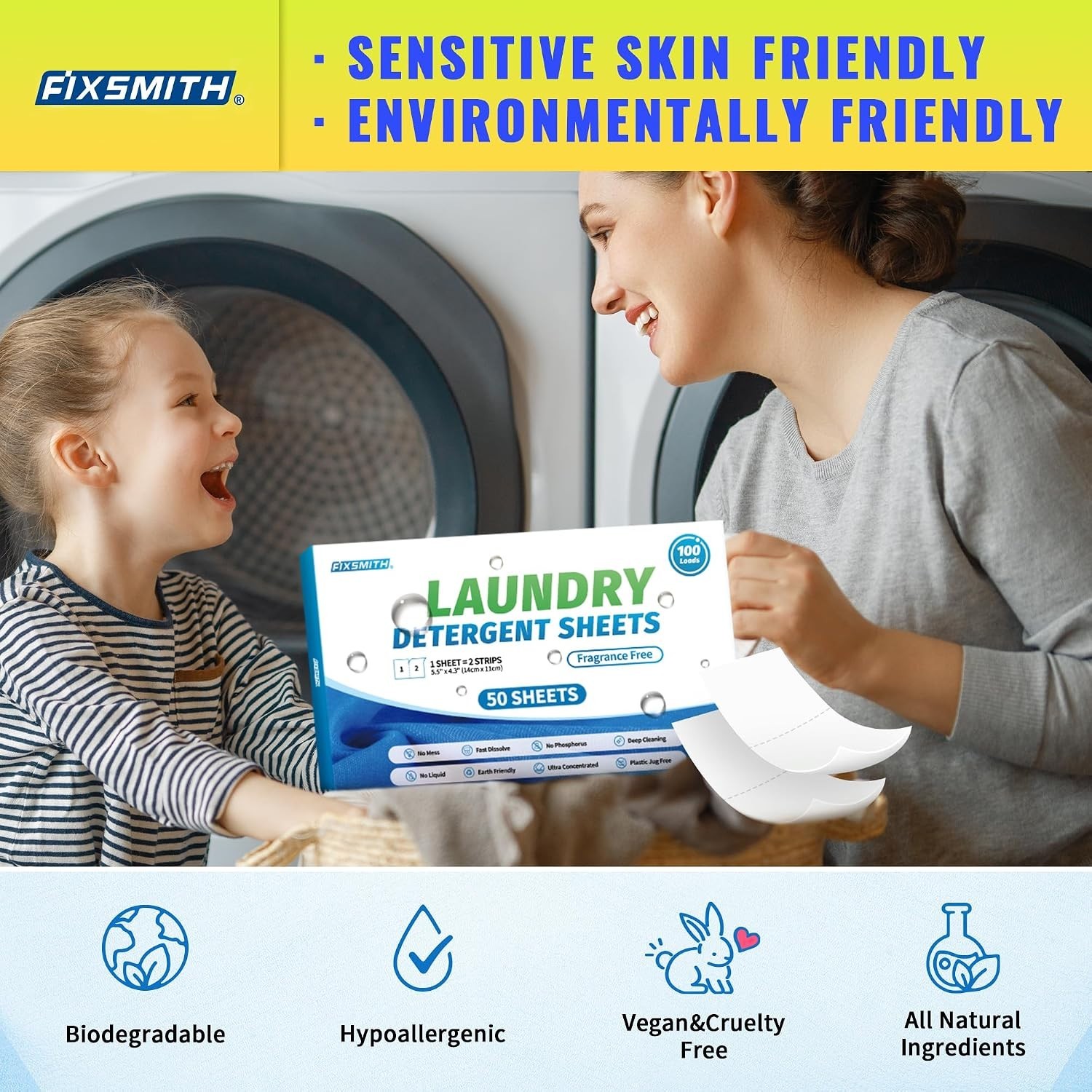 Plastic-Free Laundry Detergent Strips – 50 Unscented Sheets for Sensitive Skin