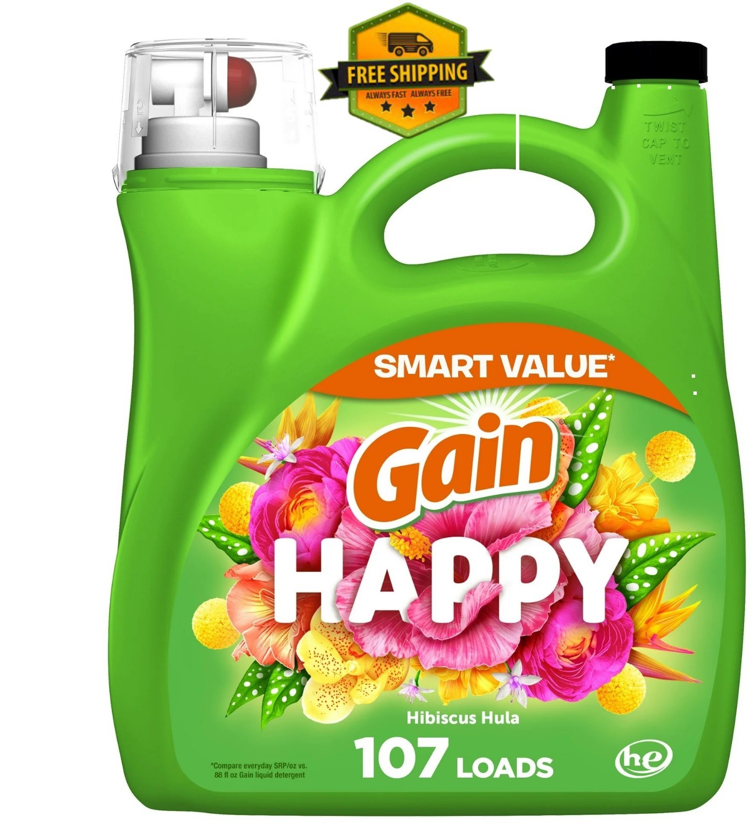 Gain Liquid Laundry Detergent, Happy Scent, 154 fl oz, 107 Loads
