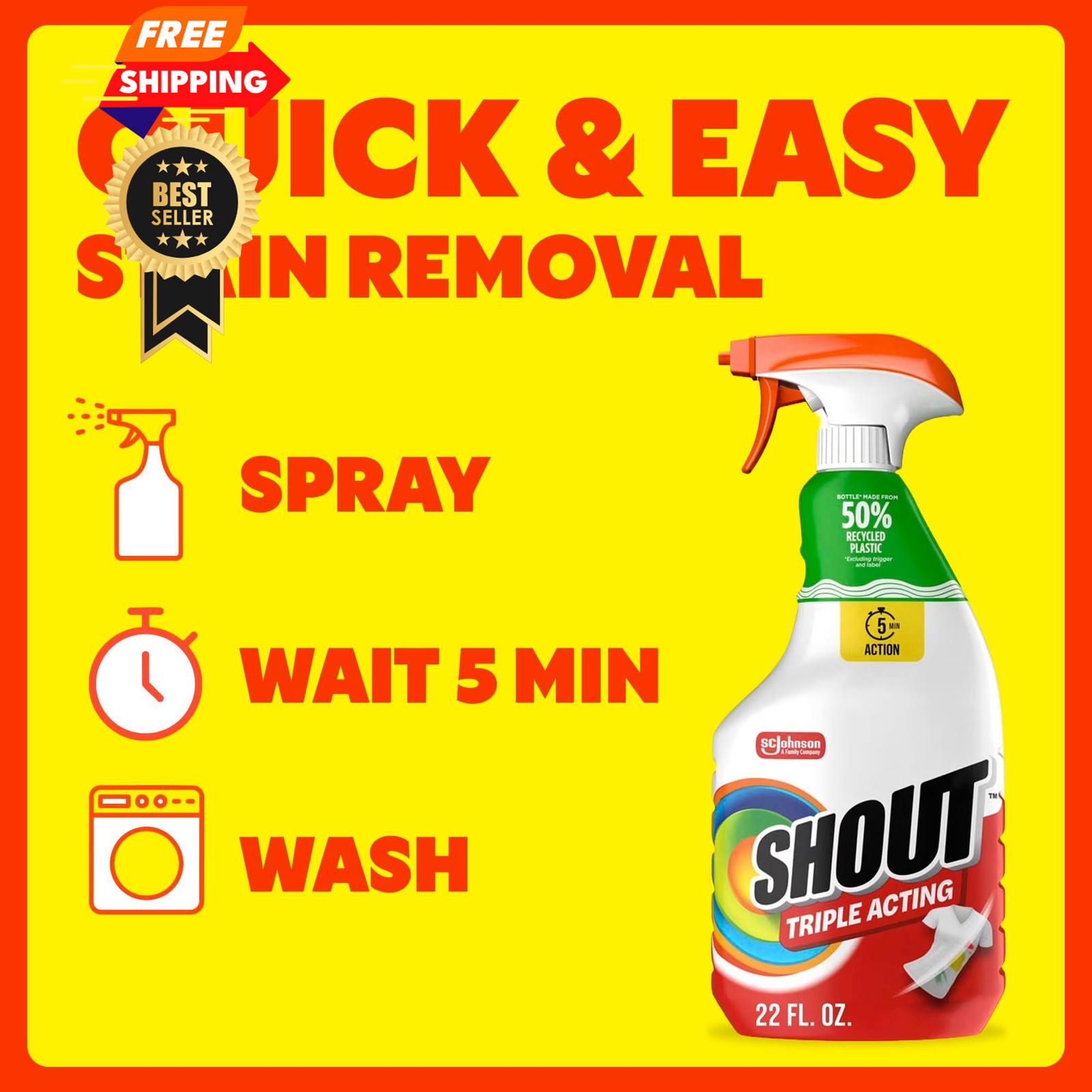 Shout Active Enzyme Laundry Stain Remover Spray, 22 Ounce (Pack of 1), White