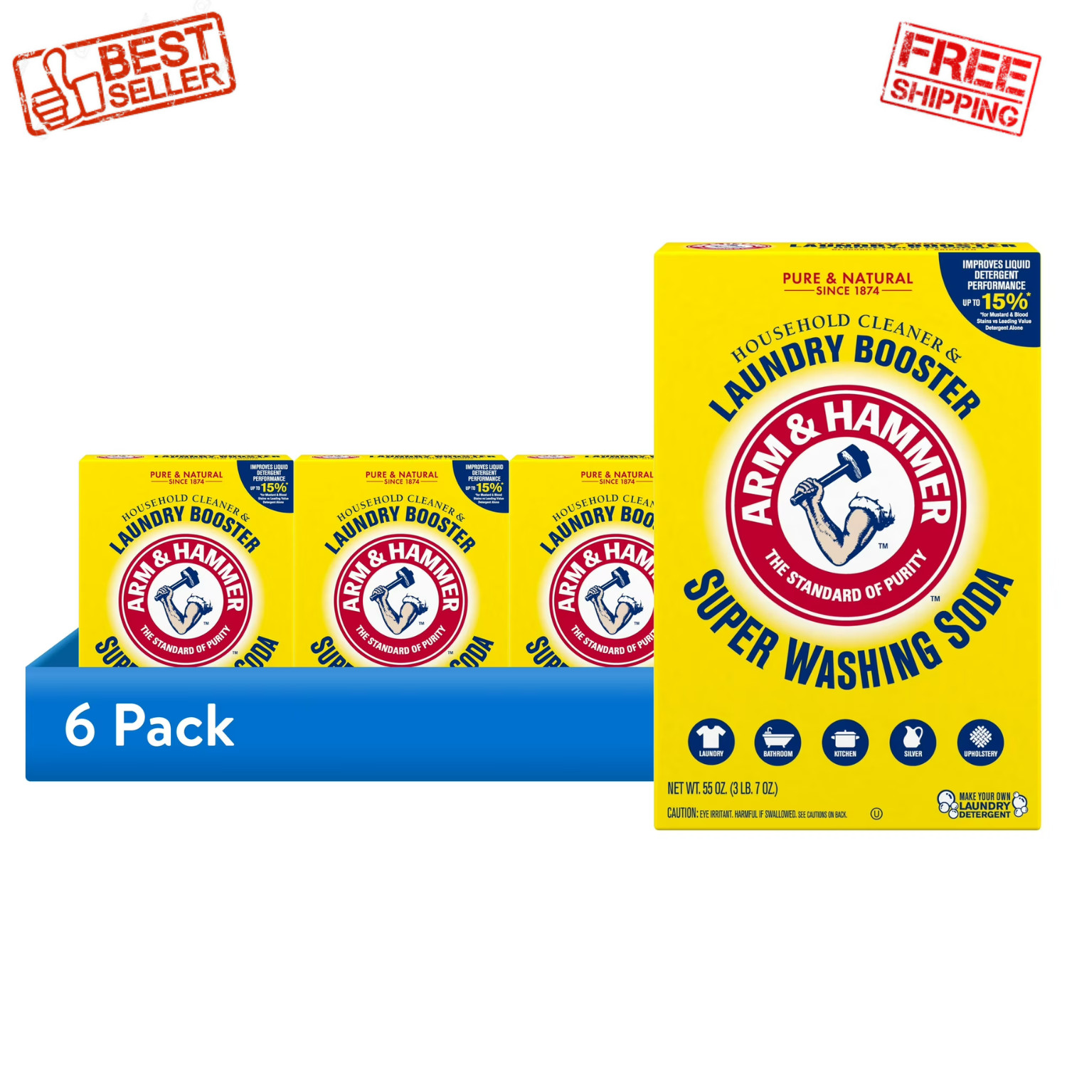ARM & HAMMER Super Washing Soda Detergent Booster Household Cleaner 55oz, 6 Pack