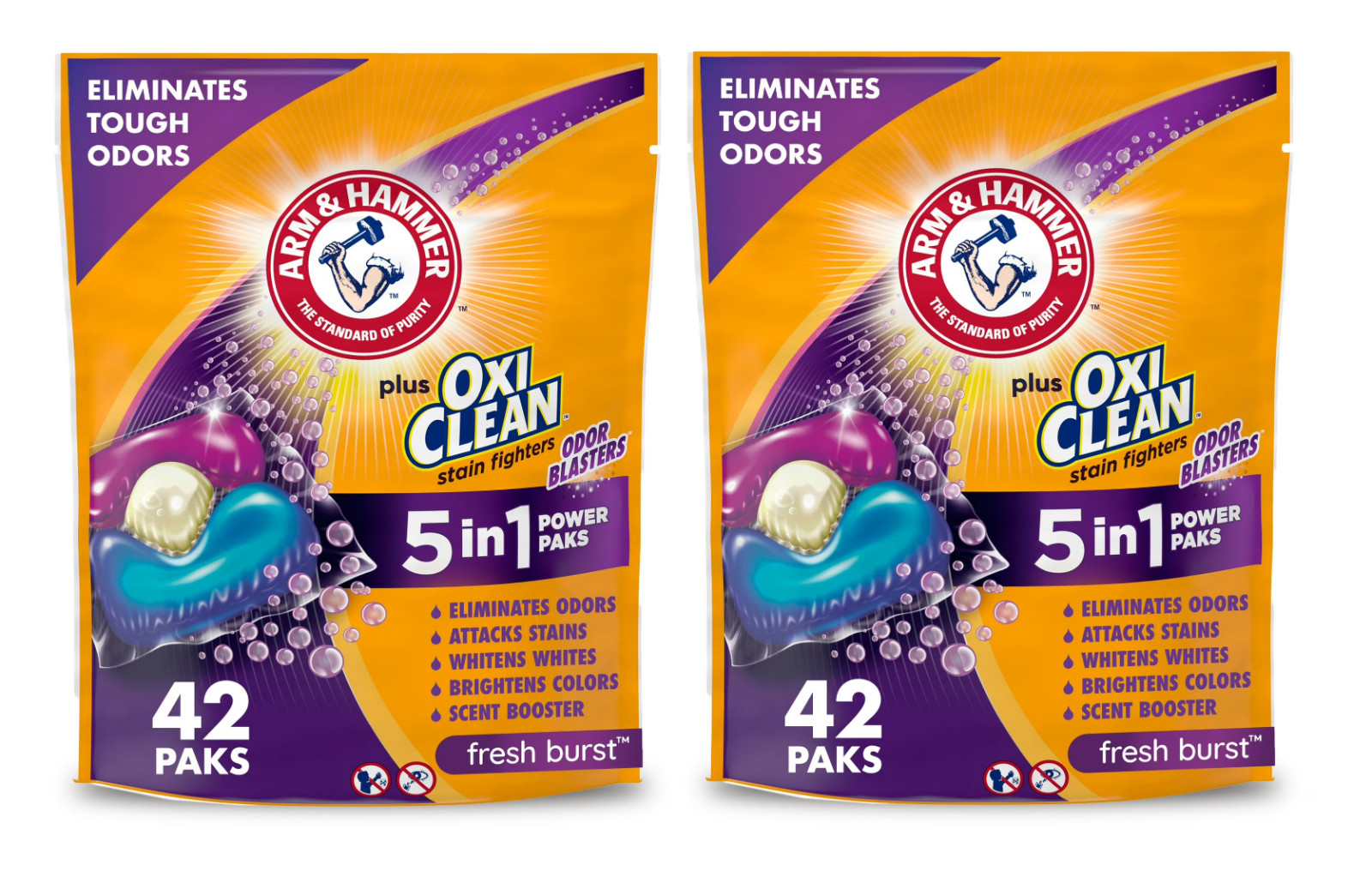 ARM & HAMMER + OxiClean Odor Blasters 5-in-1 Laundry Detergent Power Paks, 42 Ct