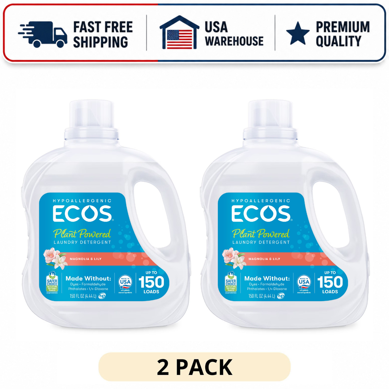 (2 Pack) ECOS Hypoallergenic Laundry Detergent Magnolia Lily 150 fl oz 150 Loads