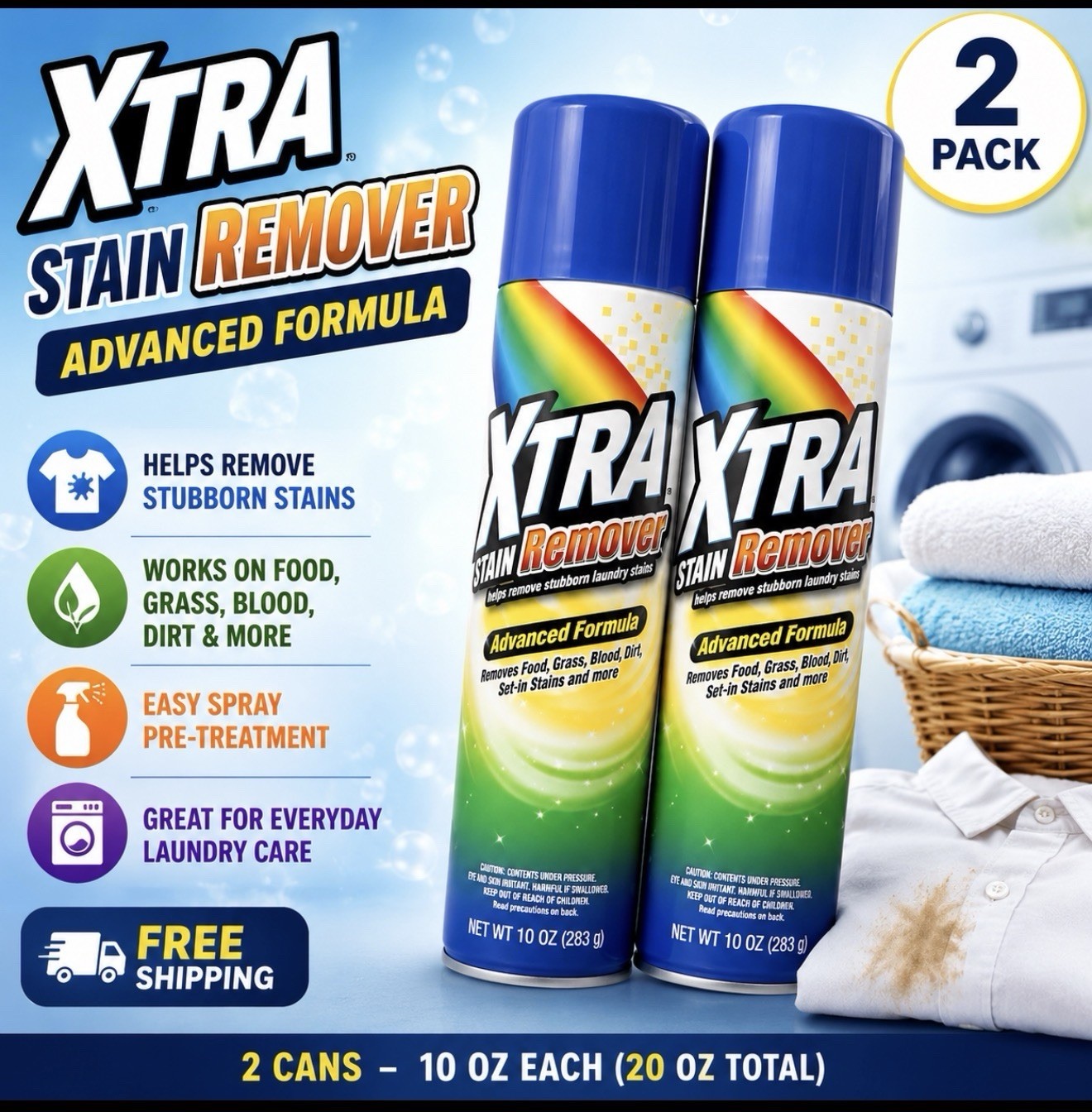 2 Pack XTRA Stain Remover Spray Advanced Formula Laundry Pre-Treat 10 oz Each