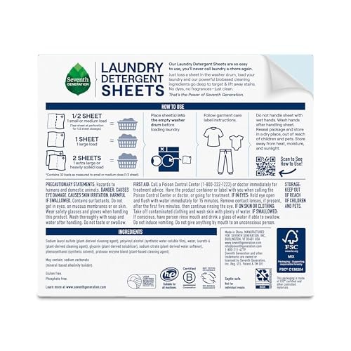 Seventh Generation Free Clear Laundry Detergent Sheets 32 Count Stain Lifting