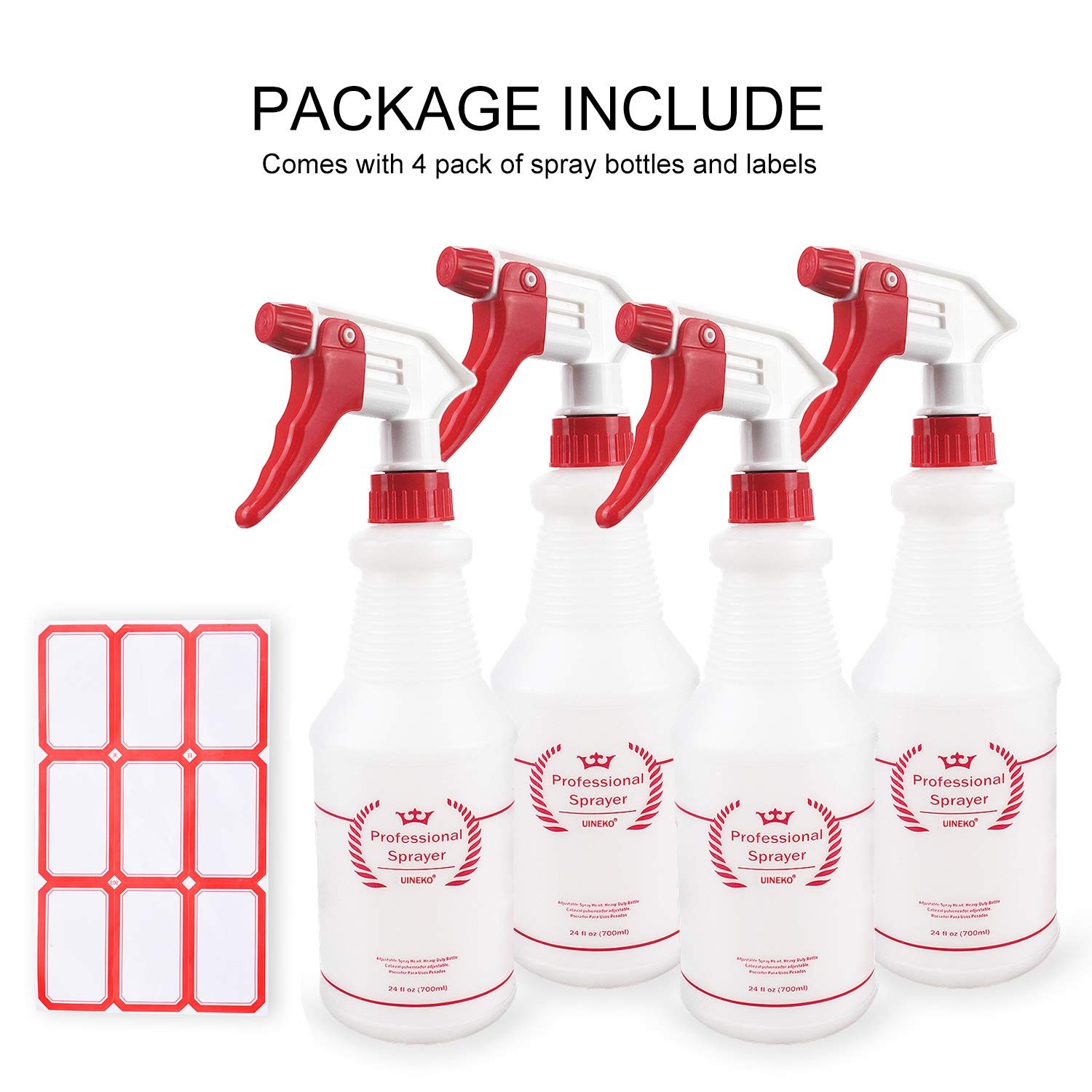 Empty Spray Bottles, Heavy Duty Sprayer, Mist & Stream, 4 Pack 24 Oz