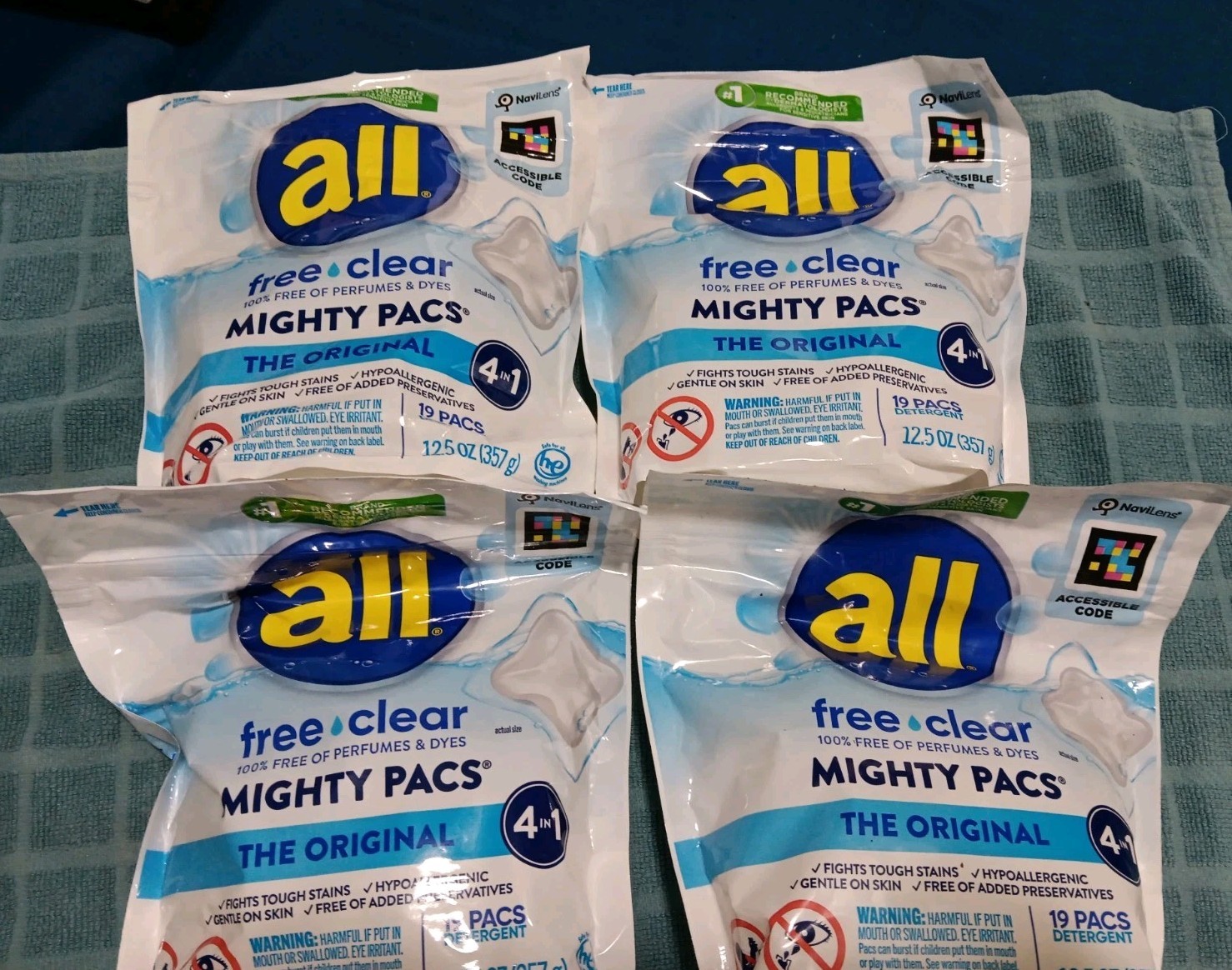 4 all Mighty Pacs Free & Clear Laundry Detergent Unscented 19 Ct (B023)
