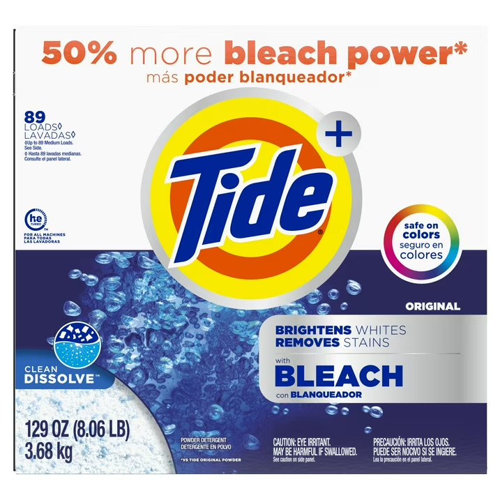 Tide Plus Bleach Powder Laundry Detergent, Original Scent, 129 oz, 89 Loads