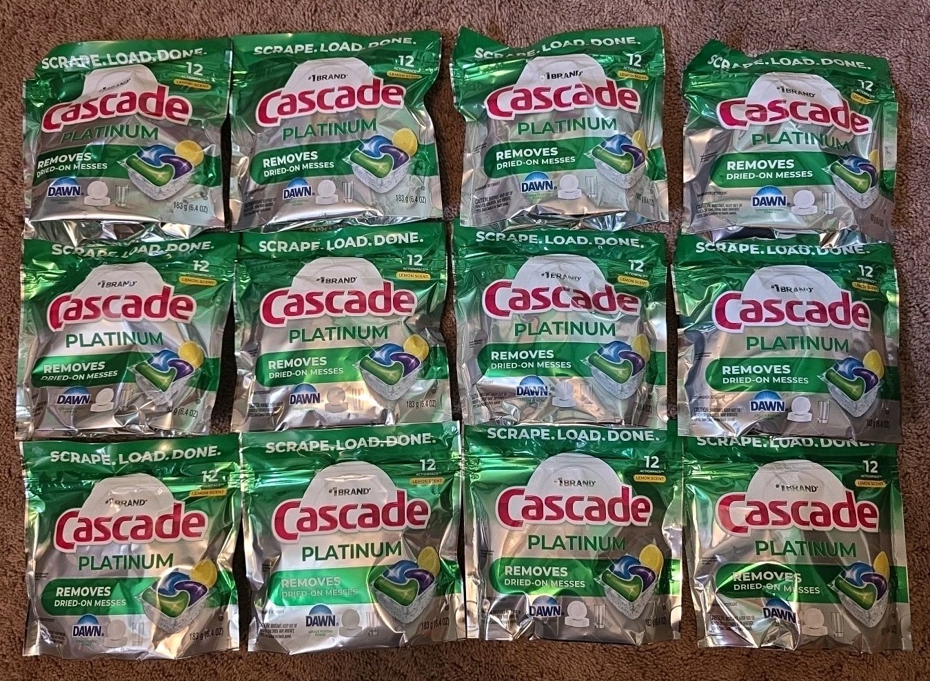 12X Cascade Platinum Dish Detergent Lemon Scent Action Packs 12ct Total 144ct