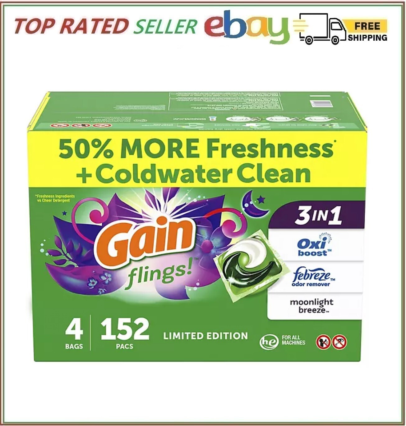 Gain Flings Laundry Detergent Pacs, Moonlight Breeze, 152 ct.