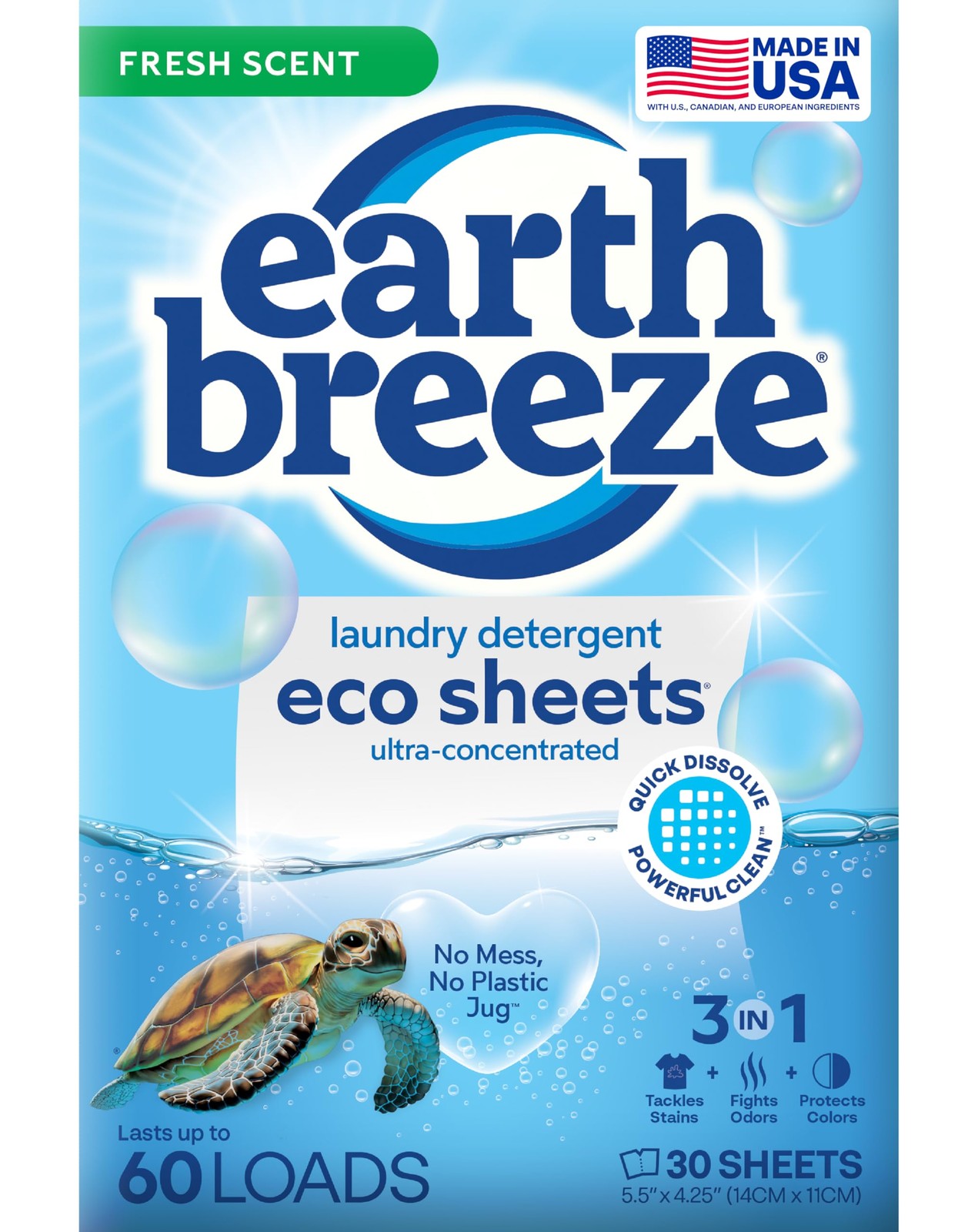 Earth Breeze Laundry Detergent Sheets Fresh 60 Loads/30 Count (Pack of 1)