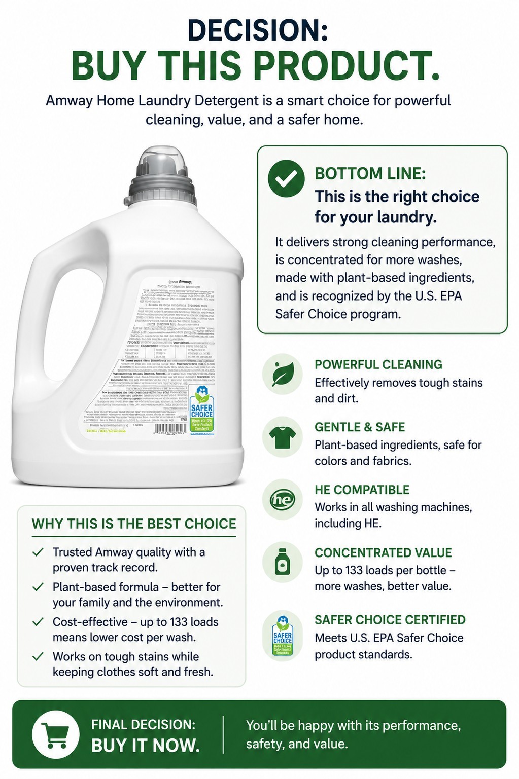 Amway Home Laundry Detergent Liquid, Concentrated, HE, Plant-Based, 133 Loads