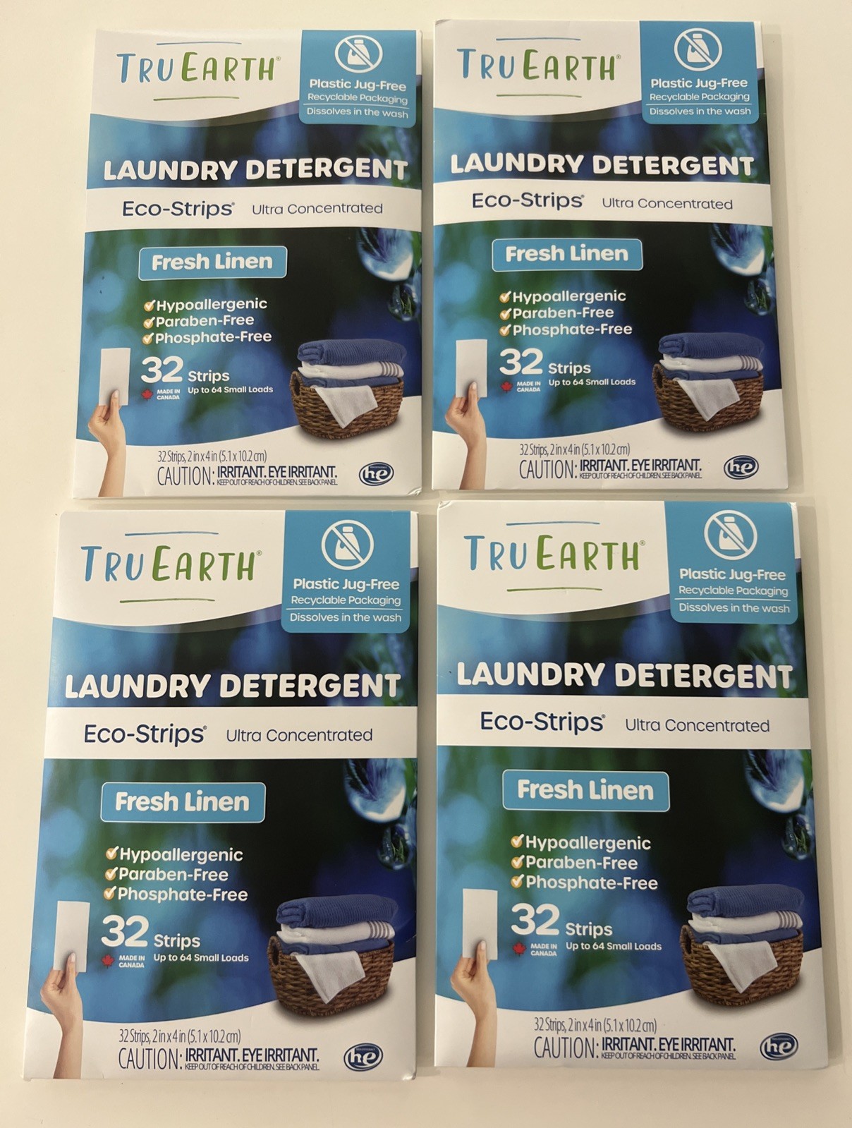 4 Packages Tru Earth Eco-Strips -Fresh Linen- Laundry Detergent 128 Sheets Total