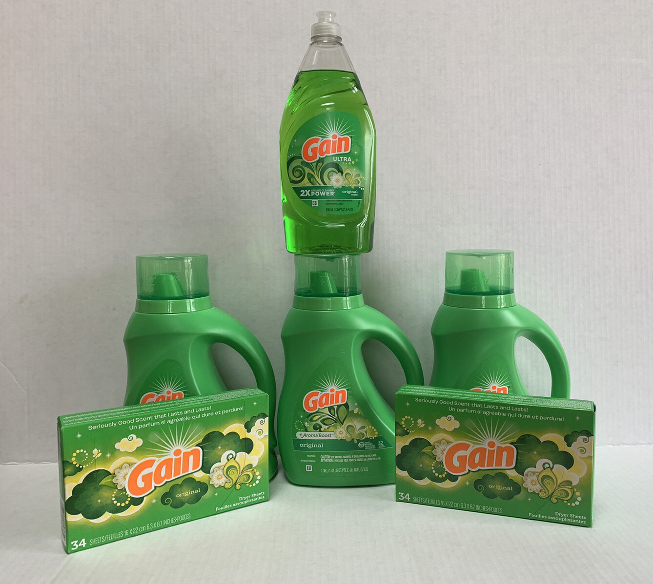 Gain detergent laundry bundle dryer sheets dishwashing liquid detergent