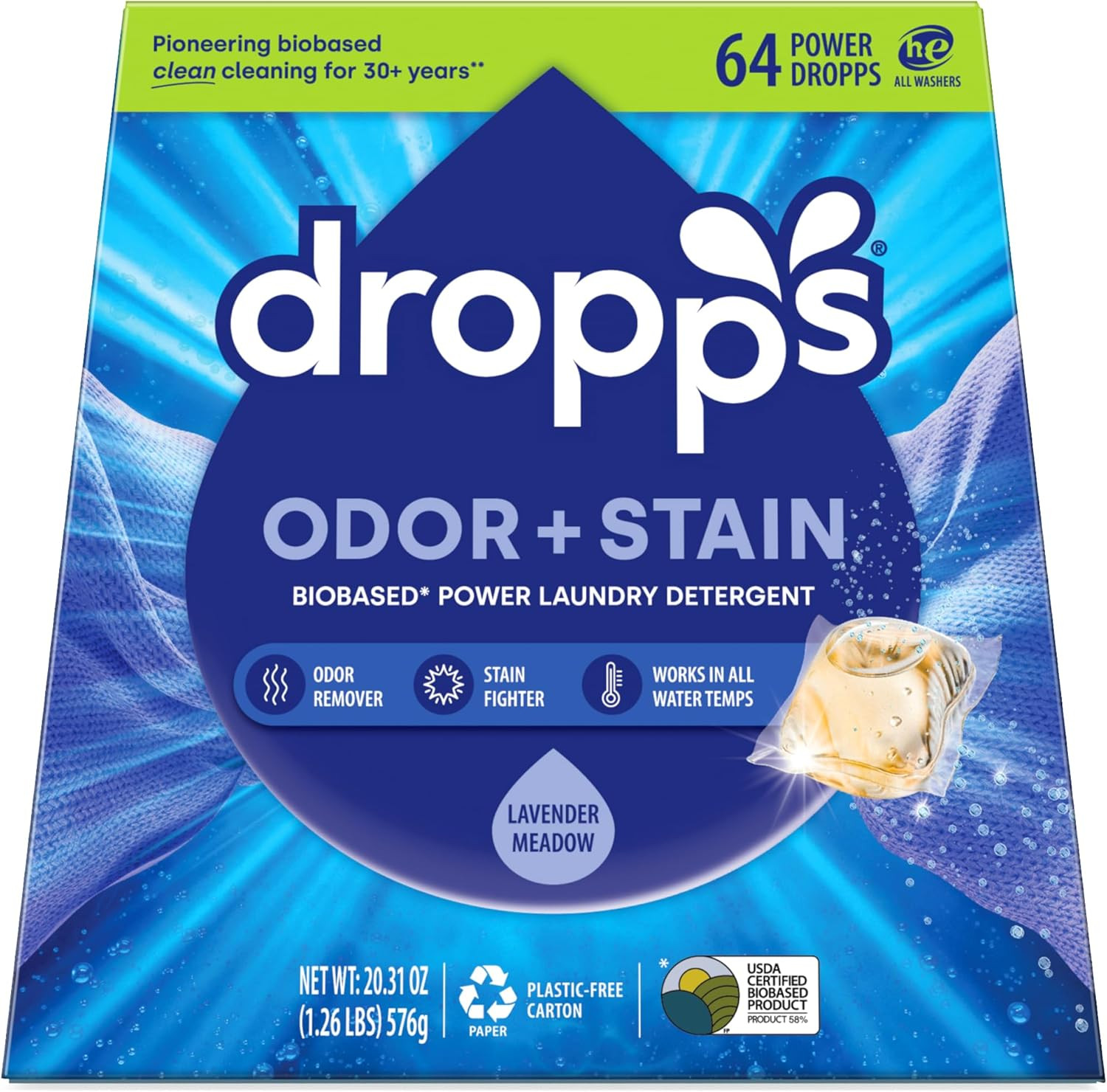 Dropps Odor & Stain Laundry Detergent Pods, Lavender Meadow (64 Count) – Powerfu