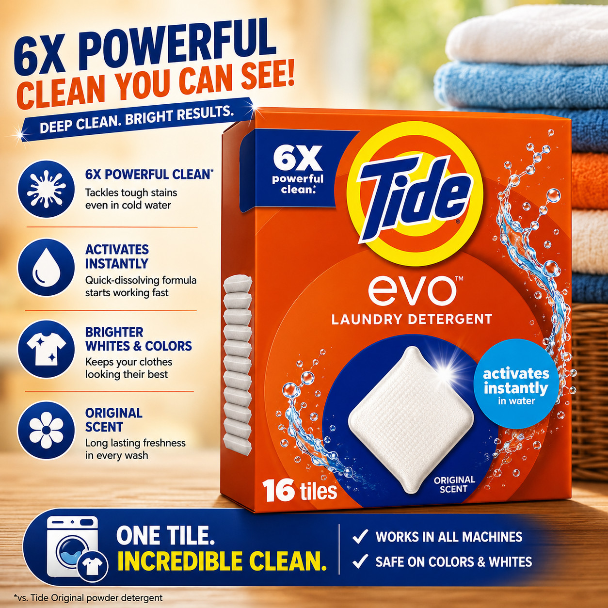 Tide Evo Laundry Tiles 100% Concentrated 16 Count, 6X Cleaning Power-Free Ship