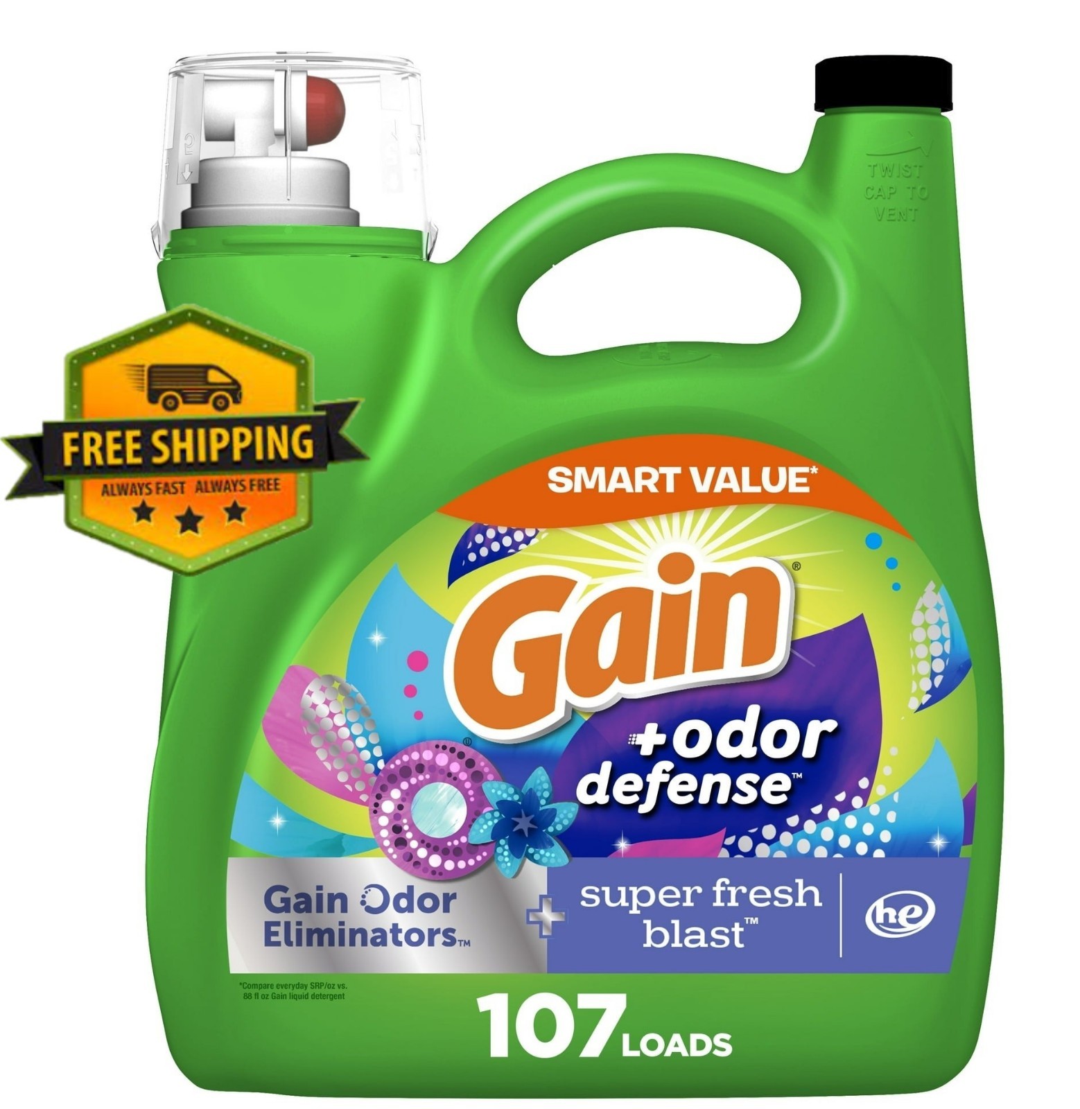 Gain Odor Defense Laundry Detergent, Super Fresh Blast, 154 oz, 107 Loads
