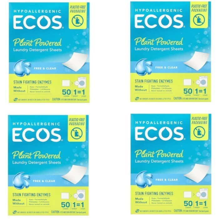 ECOS Laundry Detergent Sheets Free & Clear 50 count Each (Pack of 4)Total 200