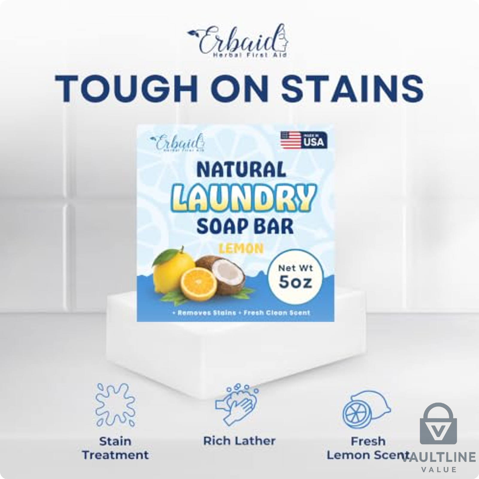 Erbaid 5 oz Natural Laundry Soap Bar – Lemon Scented Stain Remover