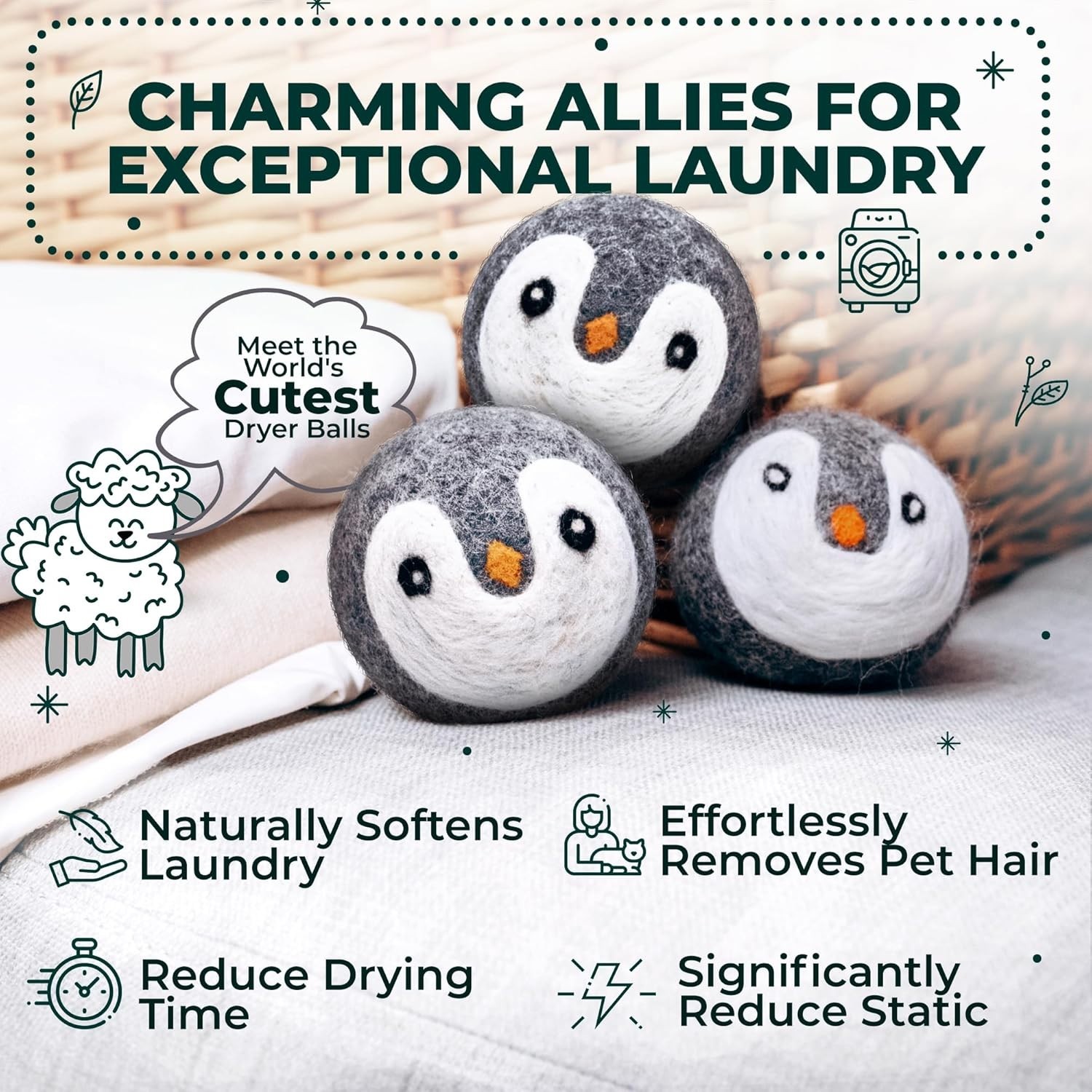 Reusable XL Wool Dryer Balls: 6-Pack Chemical-Free, Adorable Penguin Design