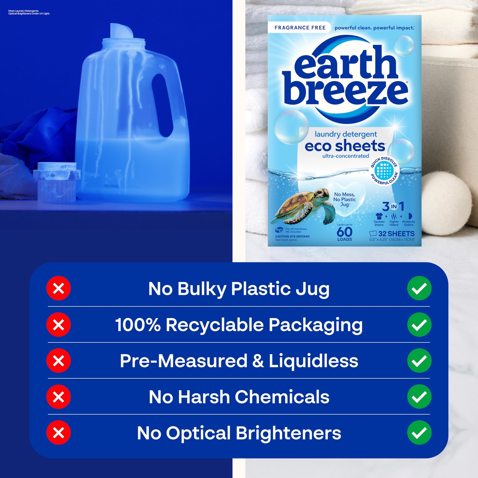 Earth Breeze Laundry Detergent Sheets Fragrance-Free – 60 Loads Eco Liquidles…