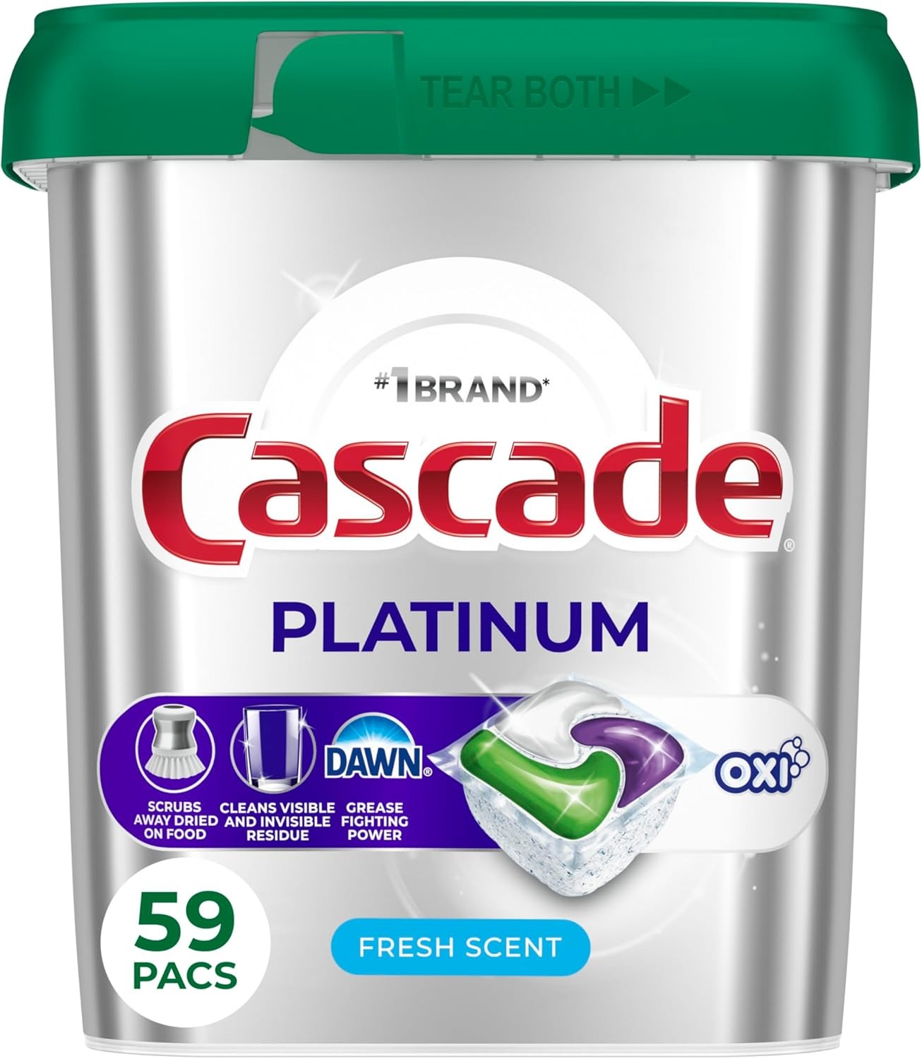 Cascade Platinum + Oxi Dishwasher Pods, Fresh Scent Detergent Soap, 59 Count