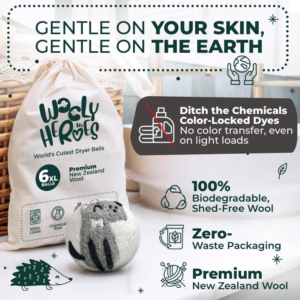 Chemical Free & Baby Safe! Reusable Wool Dryer Balls XL 6-Pack – Reduces Stat…